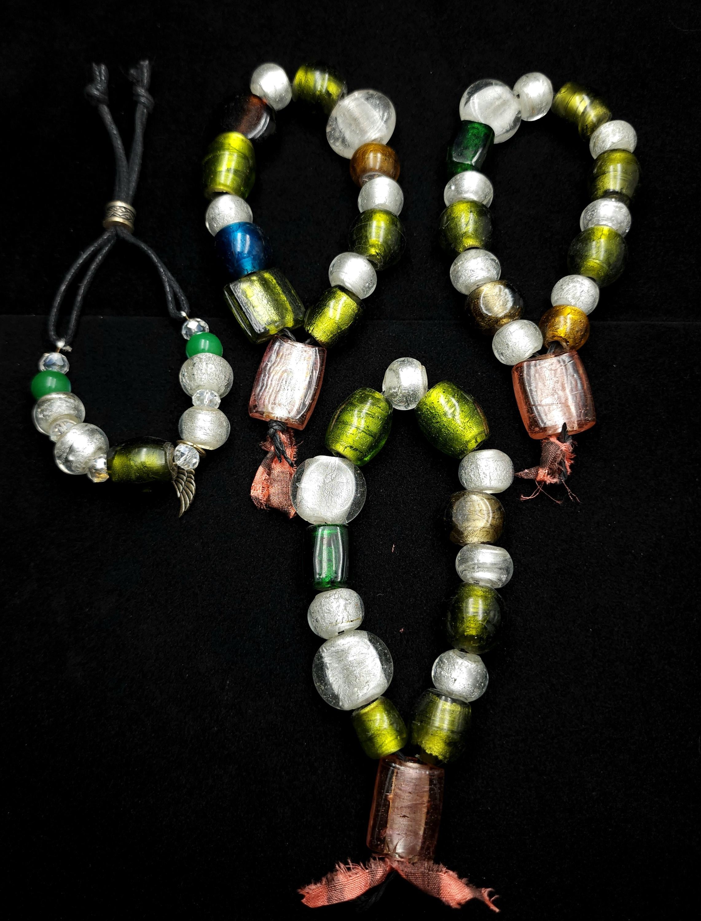 Lampwork Silver Foil Glass Beads – Handmade Murano Style Bead Strand 9" 14-24mm, Green, Amber, Pink, Clear | Boho Ethnic Jewelry Making.