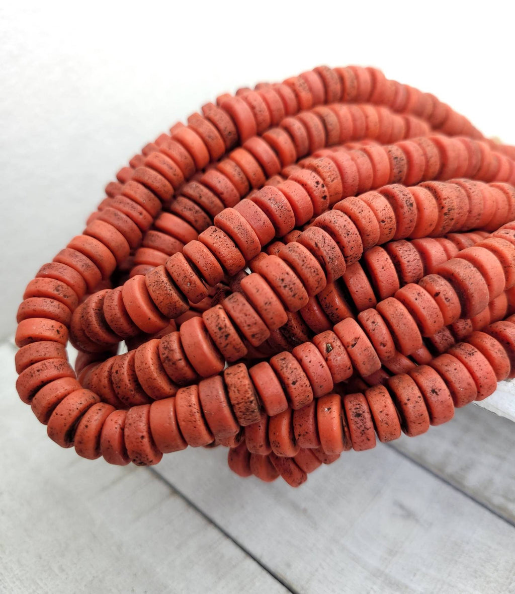 Red Glass Beads With Strong Old Rustic Accent, Raw Texture, 10mm, 11-12mm 10" Long Strand, Tribal, Jewelry Making Supplies.
