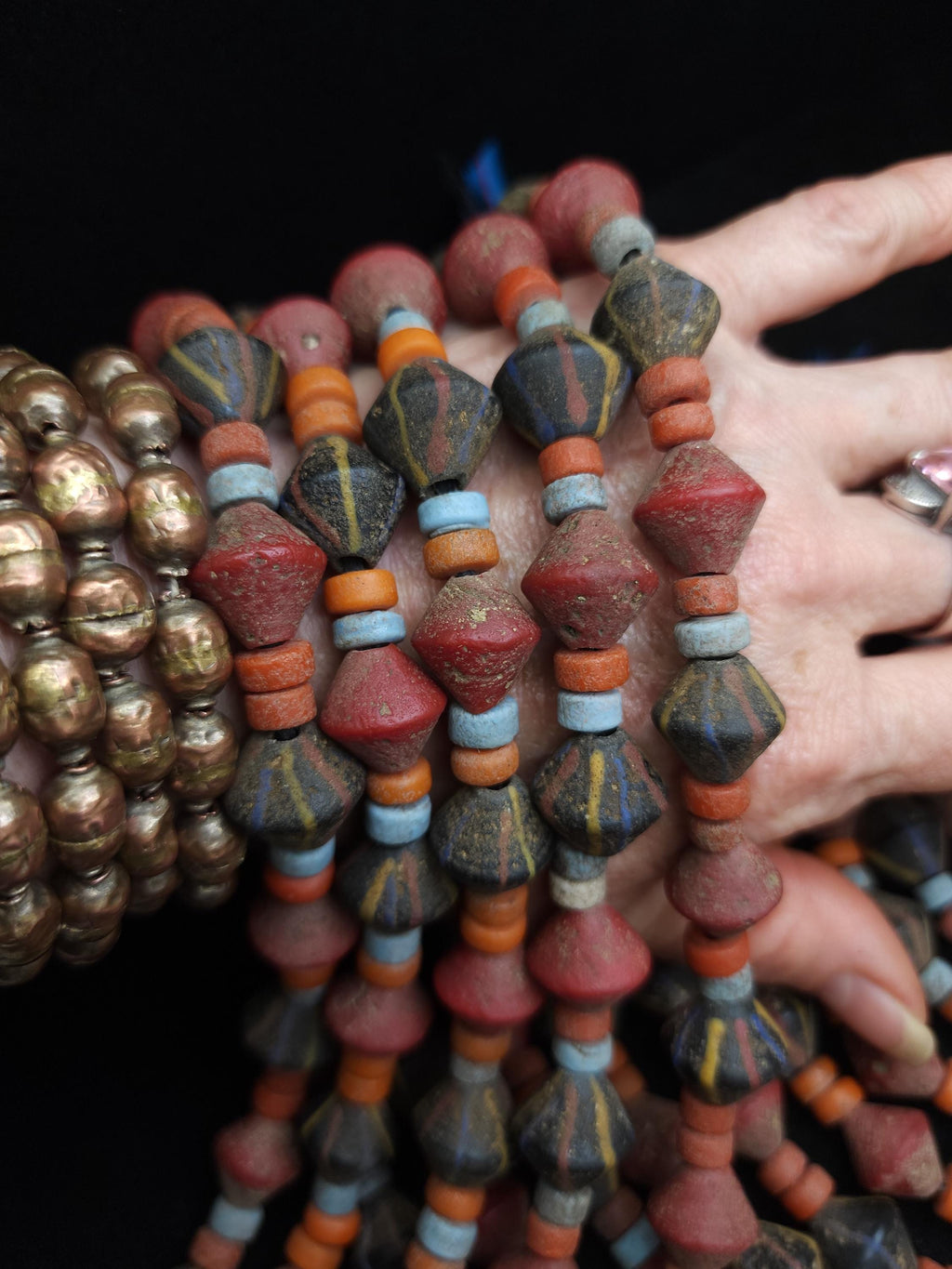 Bicone Rustic Glass Beads From Java, Strand 10" 14-15mm, Large Hole, Vintage, Tribal, Ethnic, Jewelry Making Supplies