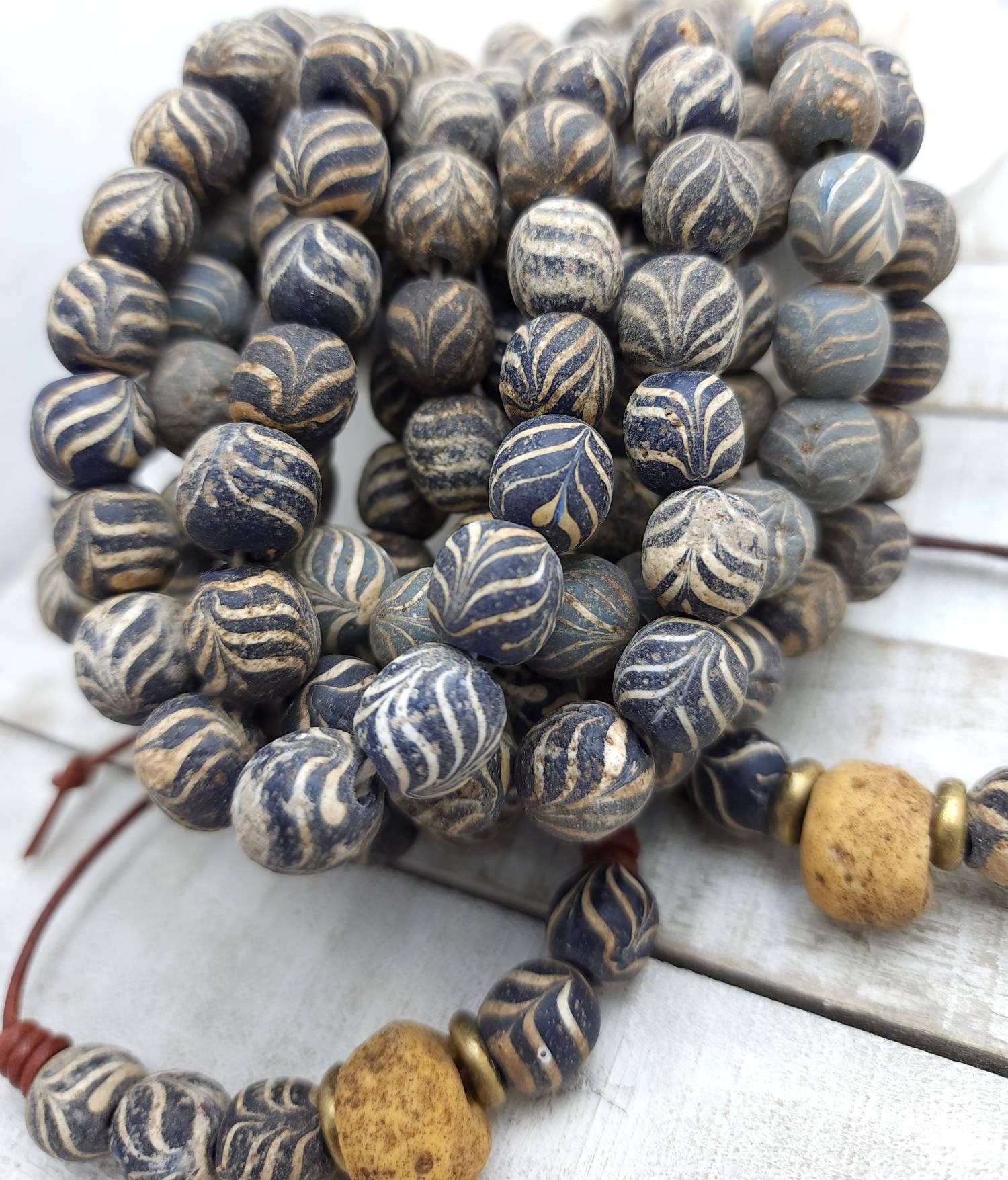 Feather Glass Beads, Authentic 90's Vintage,  Ethnic, Strand 12 Beads Choose Dusty Rose or O Variable Blues  12mm, Jewelry Making Supplies