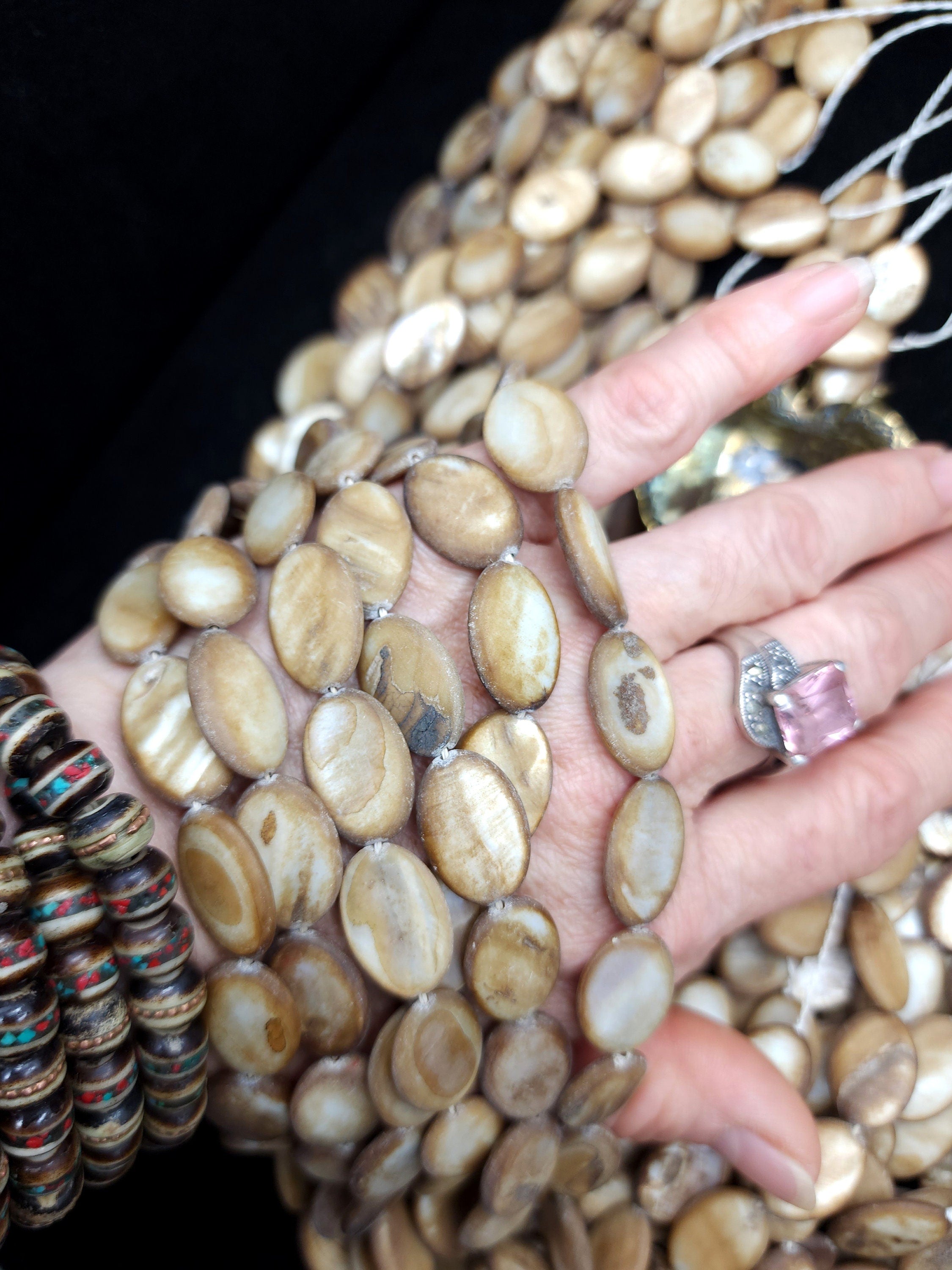 Very old shell beads from Afghanistan, Full Strand 17" 24-25 Oval Beads 17-18mm, Vintage, Jewelry Making Supplies.