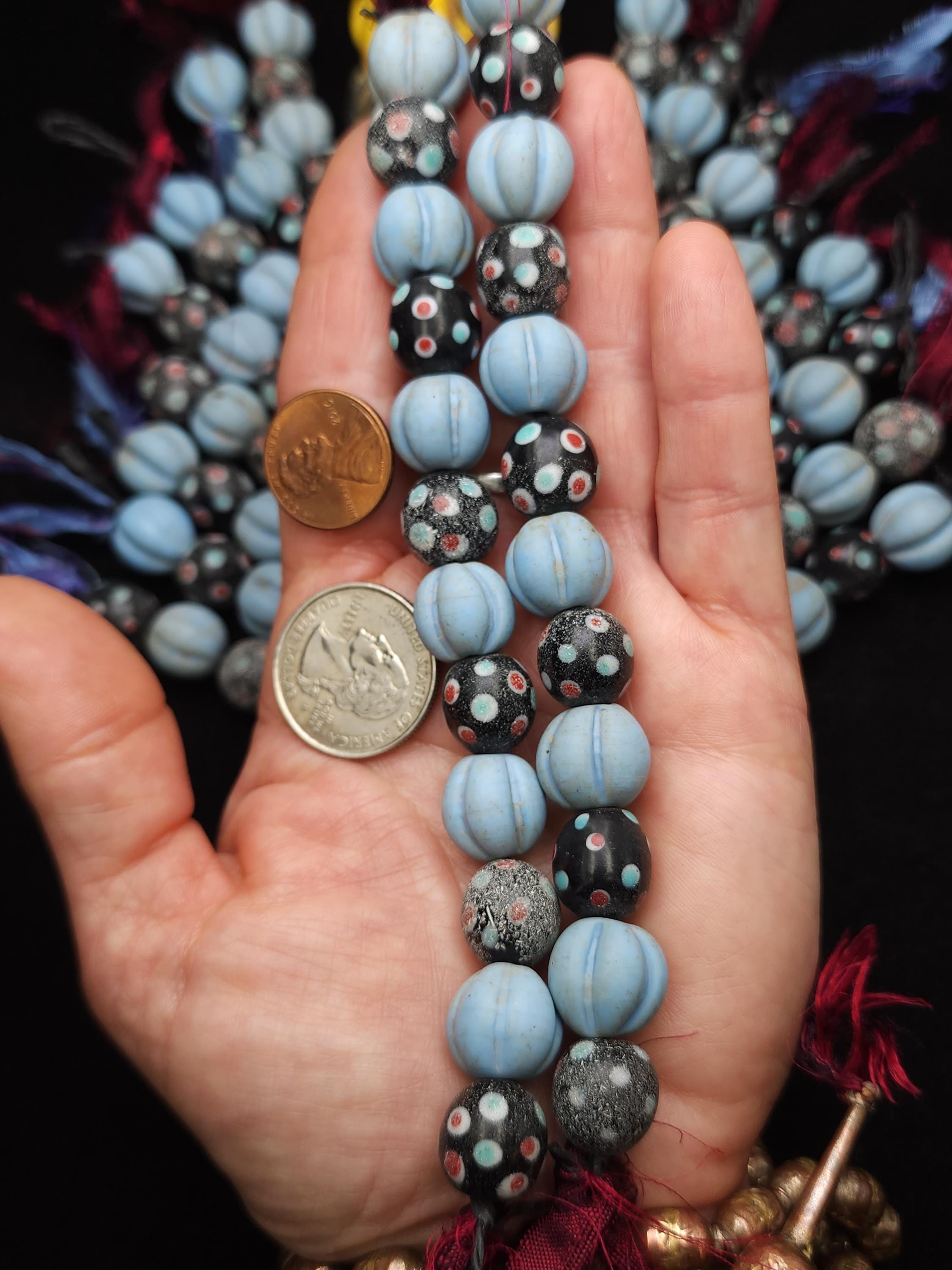 Variable Strand of Pumpkin Beads and Eye Beads 11-14mm [12 Beads] Indonesian, Java, Glass Beads, Vintage, Jewelry Making Supplies.