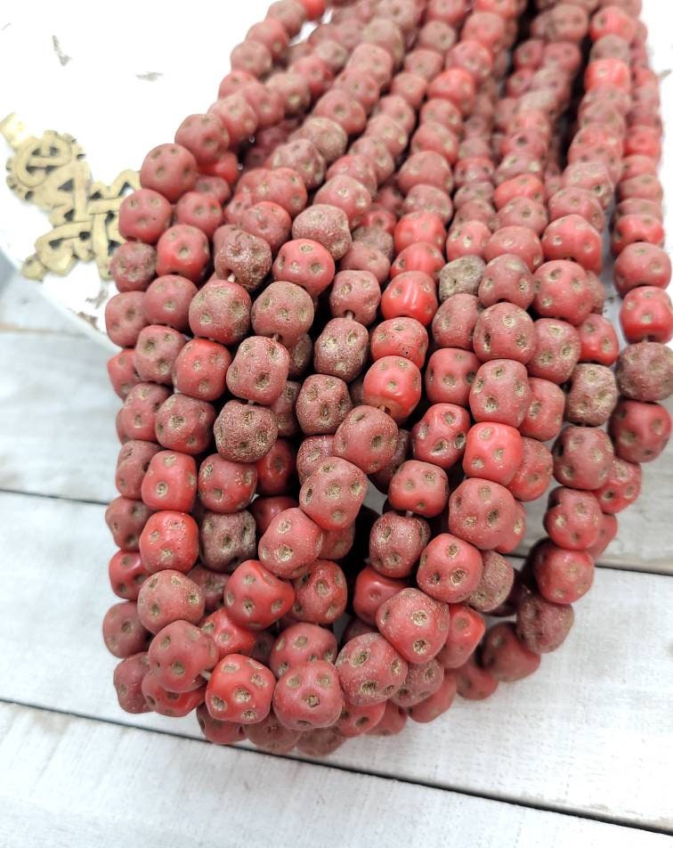 Red Glass Beads With Rustic Accent 15 Beads 10-11 × 10-11mm, Lampwork Beads, Indonesian,  Thailand, Jewelry Making Supplies, Craft.