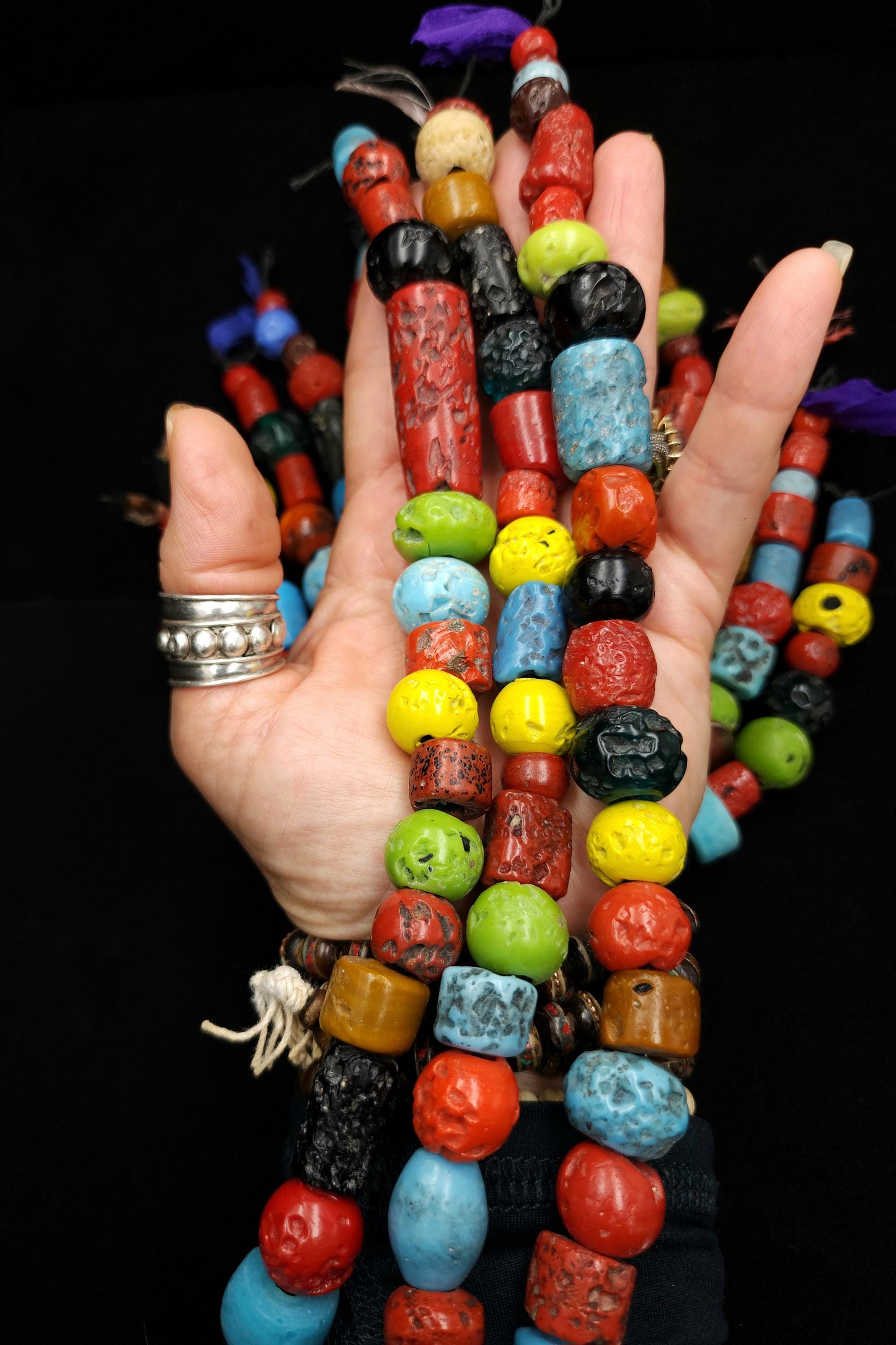 Multicolor Vintage Himalayan Glass Beads, 10" Strand, 8-40mm, Tribal Ethnic Boho Jewelry Making Supplies.