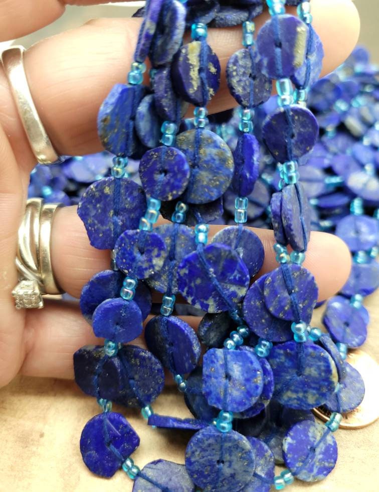 Beautiful Lapis Lazuli Beads Disc Shaped Button 8mm-12mm Strand 15 inches long / Jewelry Supplies.