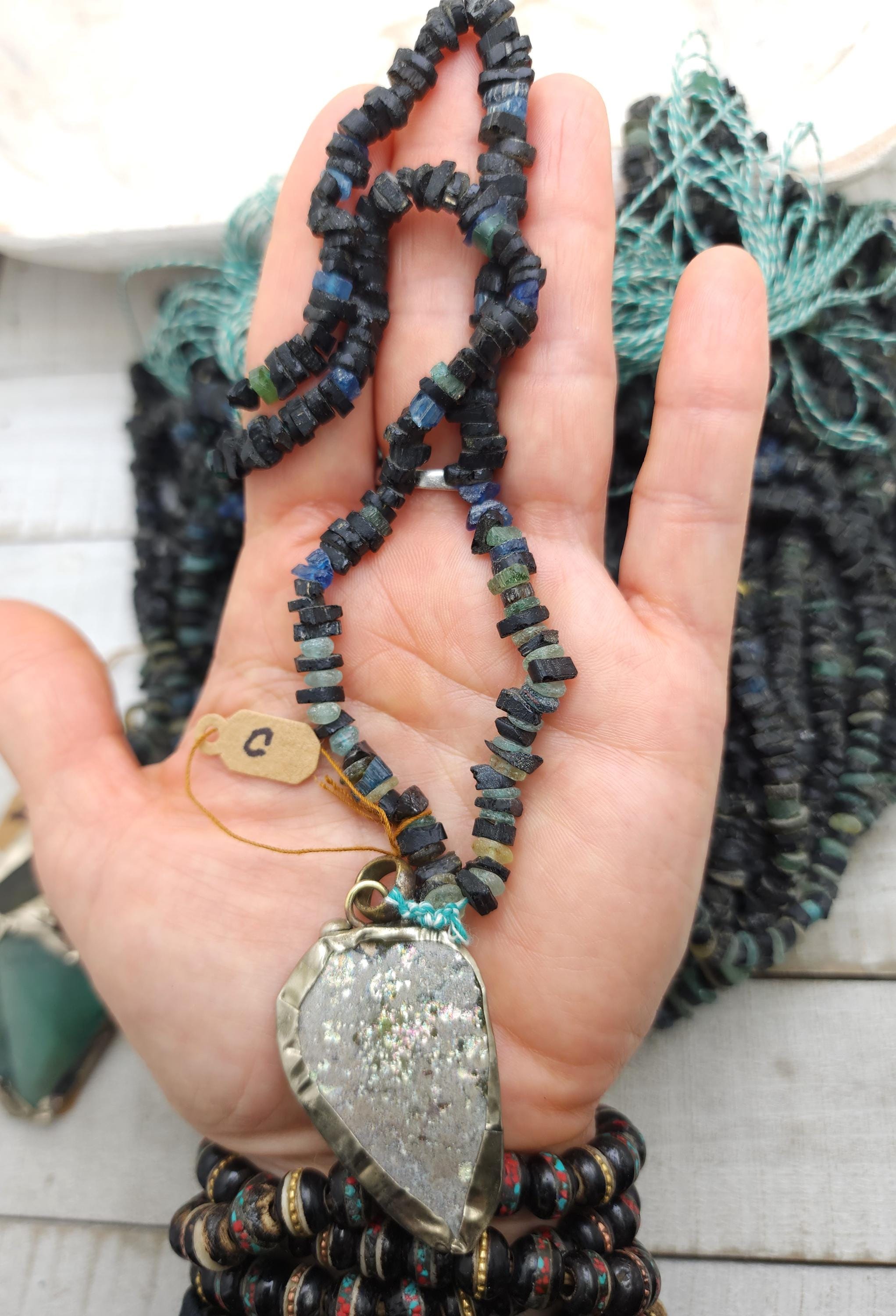 Unusual Dark Beads of Ancient Rome, Rustic Beads, Afghan Jewelry, Large Roman glass pendant, Strand 14-15" 4-10mm, Jewelry Supplies
