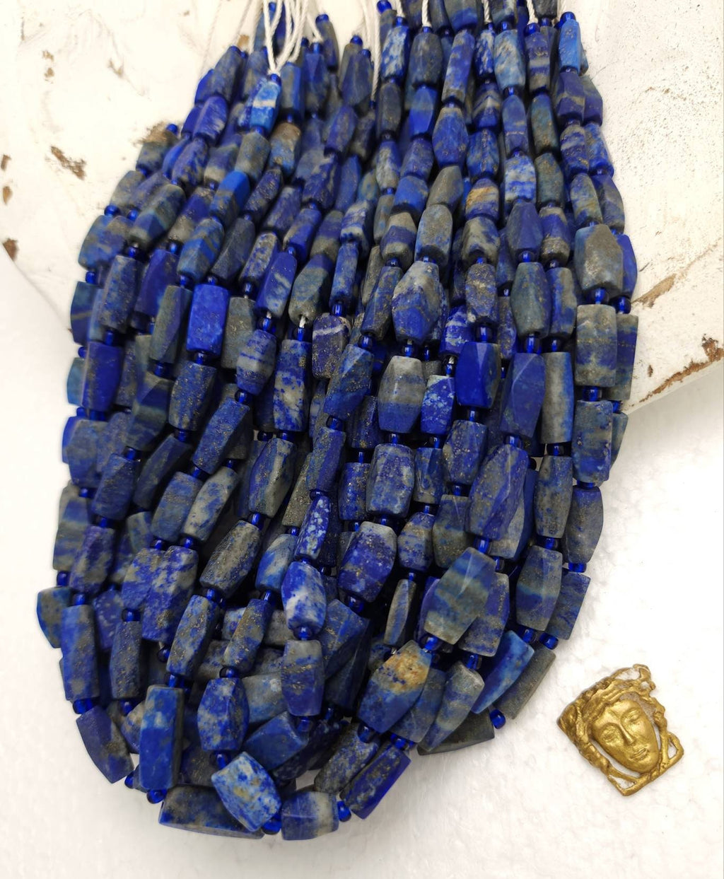 Afghani Faceted Lapis Lazuli Genuine Natural Stone Large Beads Full Strand 16" / Jewelry Making Supplies