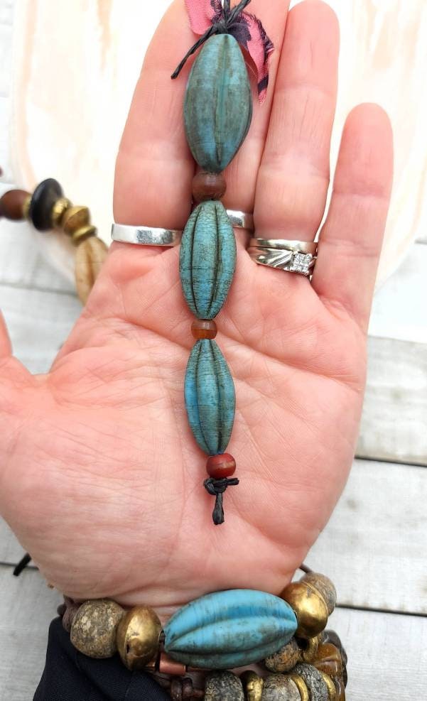 Large Oval Turquoise Blue Stained Old Rustic Glass Melons Beads  / Indonesian / 3 Beads 23-26mm  Jewelry Supplies /Java