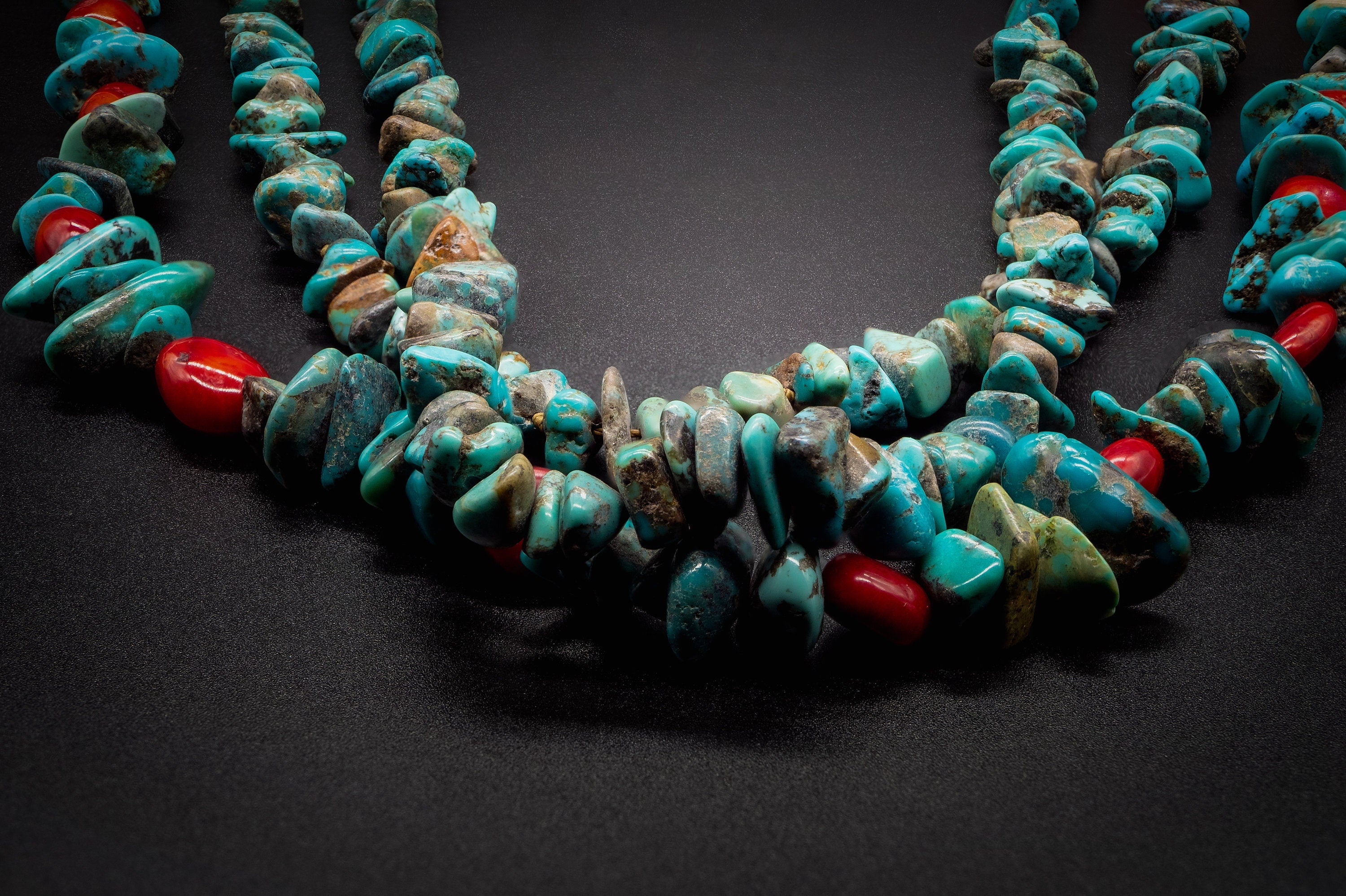 Turquoise Necklace, Silver 925 / Necklace with red Bamboo Coral and Authentic turquoises / Native American Navajo Jewelry.