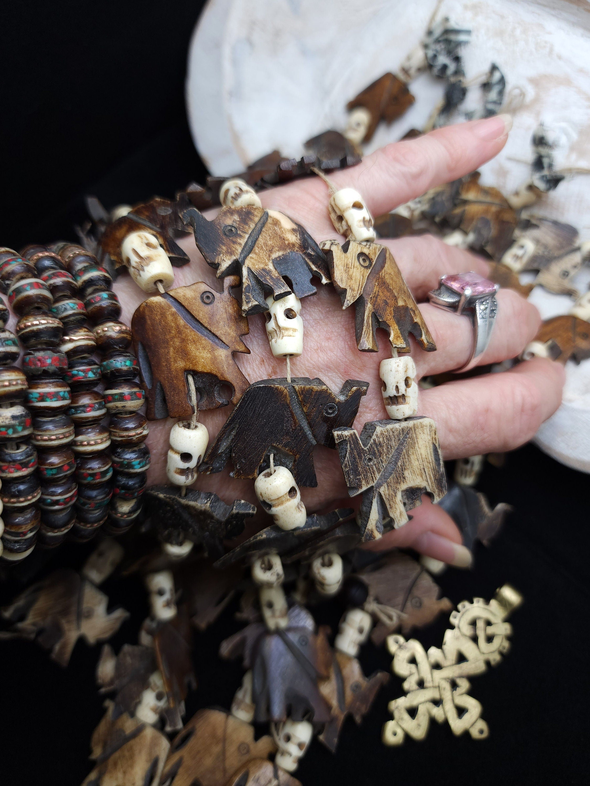 Large Elephant Bone Beads, Hand Carved Bone Elephant From India, Strand 10" 23-26mm, Beads With Spiritual Meaning, Jewelry Making Supplies
