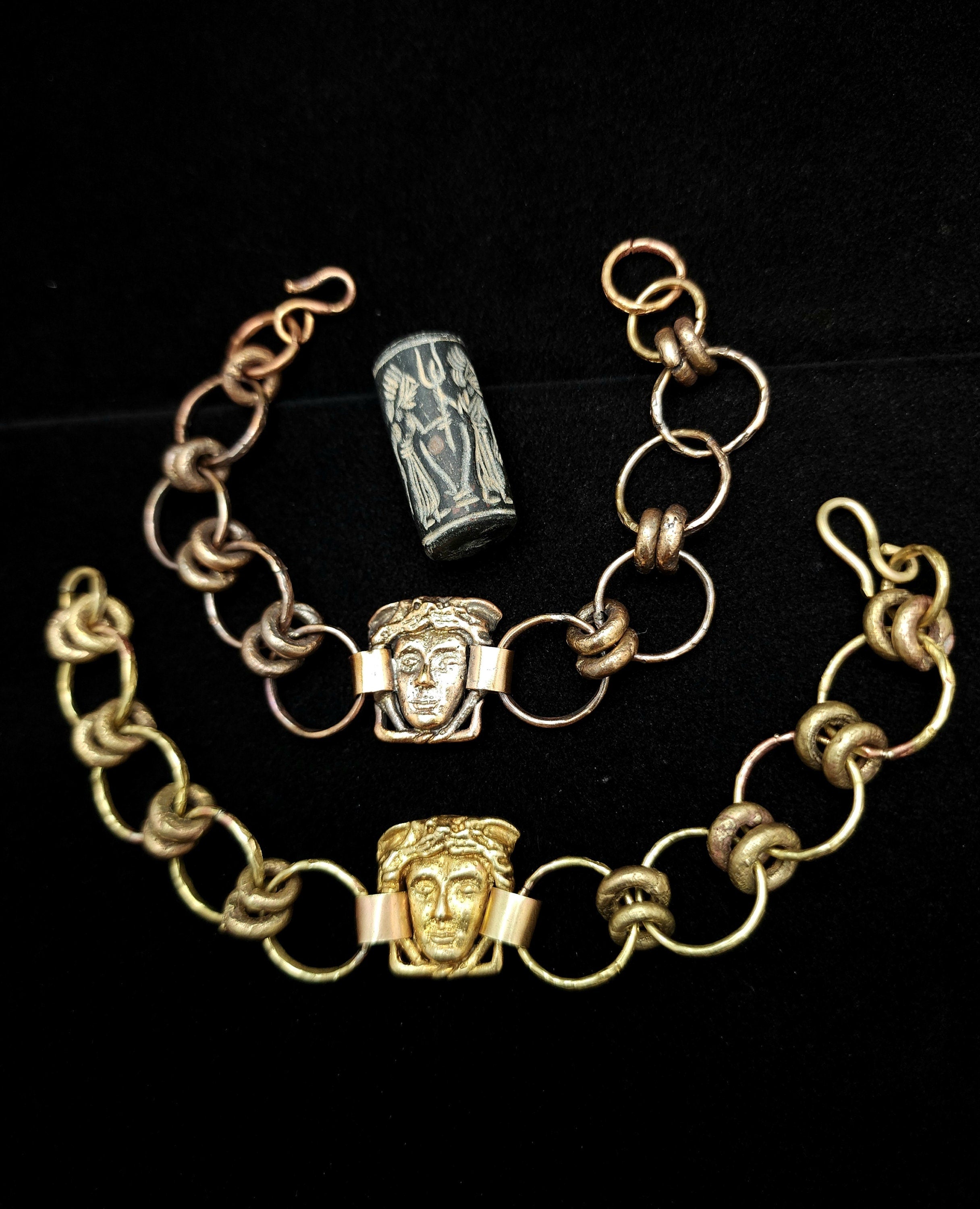 Beautiful Gold Brass Medusa Bracelet / Handmade / Historical / Unusual / Artistic Jewelry / For Her / For Him.