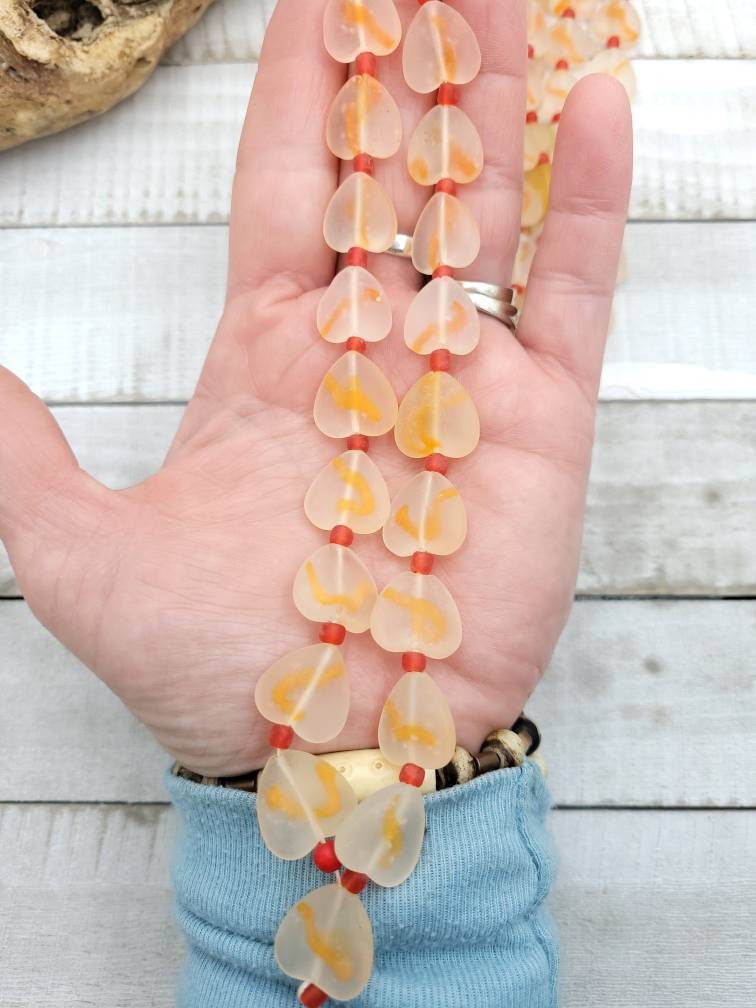 Beautiful Glass Heart Shaped Beads From Afghanistan / Option To Choose Red Pink Or Orange / Strand 15-16" 13-16mm/ Jewelry Supplies.