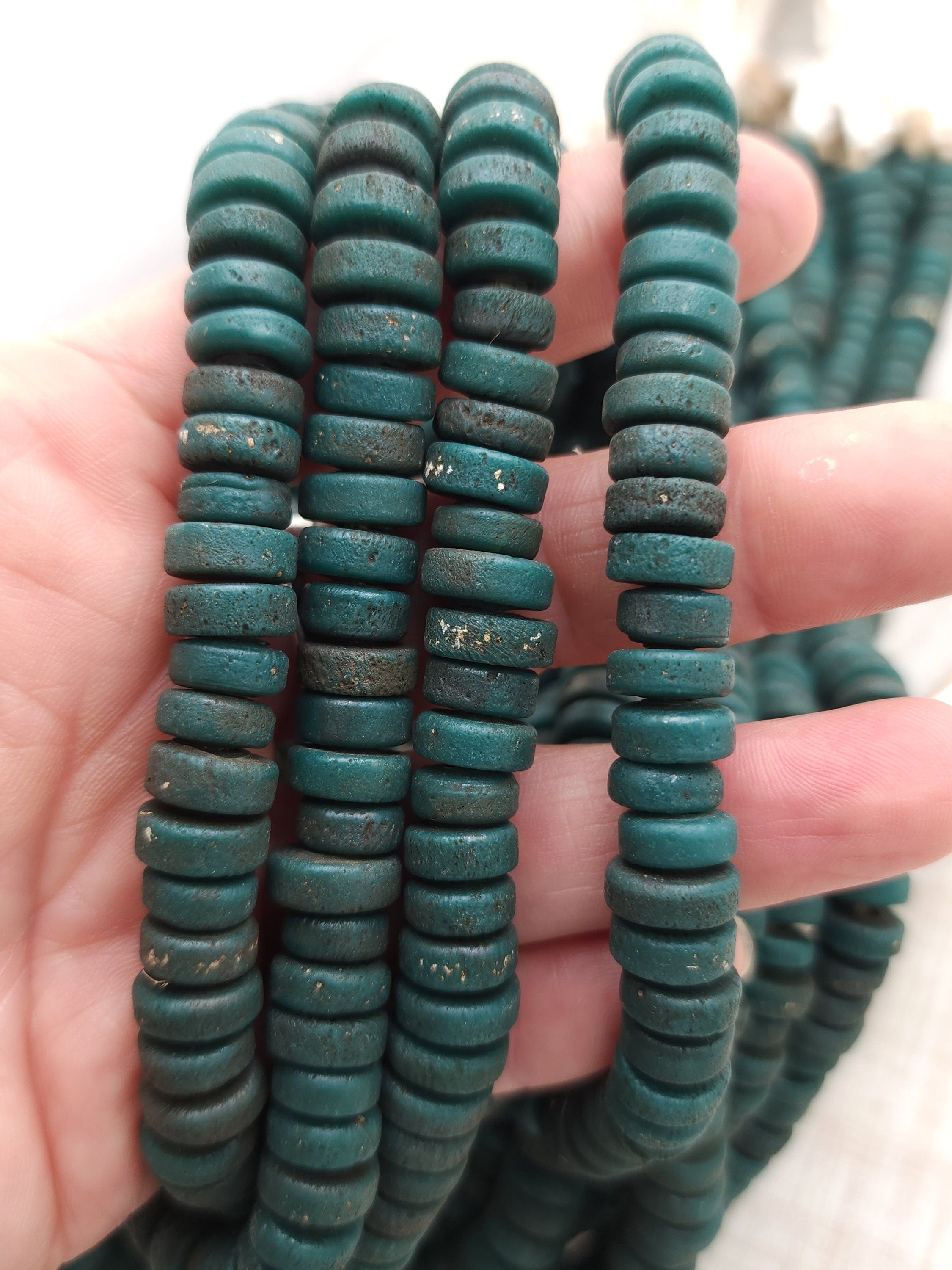 Green Glass Beads With Strong Old Rustic Accent Raw Texture, Option To Choose 7-8 Or 9-10mm Strand 10", Heishi, Indonesian Beads.