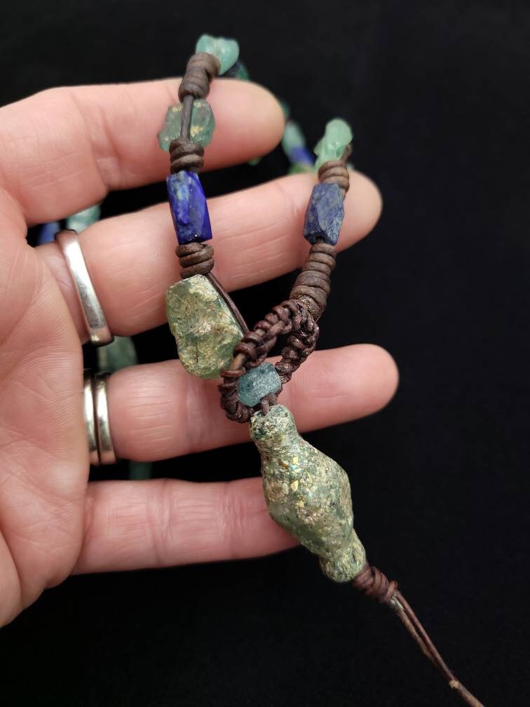 Beautiful Necklace With Lapis Lazuli High Quality Leather And Authentic Ancient Rome Glass / Very Old Roman Glass / For Men & Women / Long N