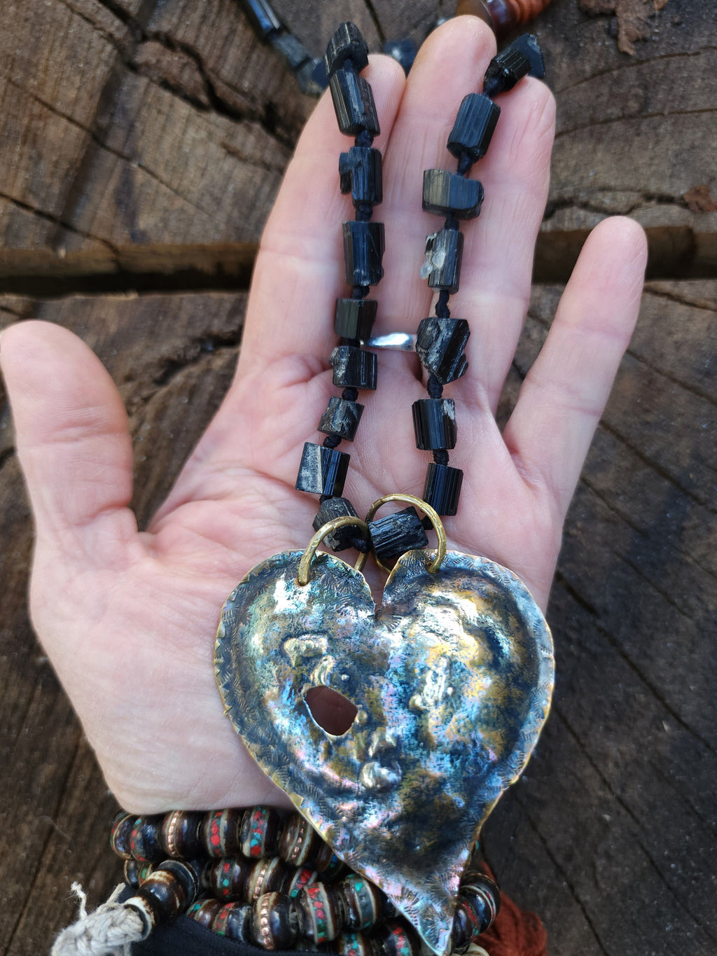 Heart necklace hammered by the hand of Laton Reticulated with silver 925, Long necklace 13-18," Black Tourmaline Natural Stone, Hand Made.