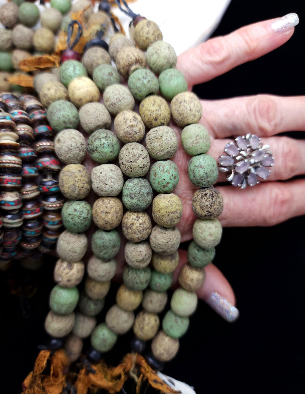 Indonesian Glass Beads Strand 12 Earthy Beige, Yellow, Green Beads 11-12mm, Vintage, Rustic,  Tribal, Boho, Hippie, Jewelry  Making Supplies