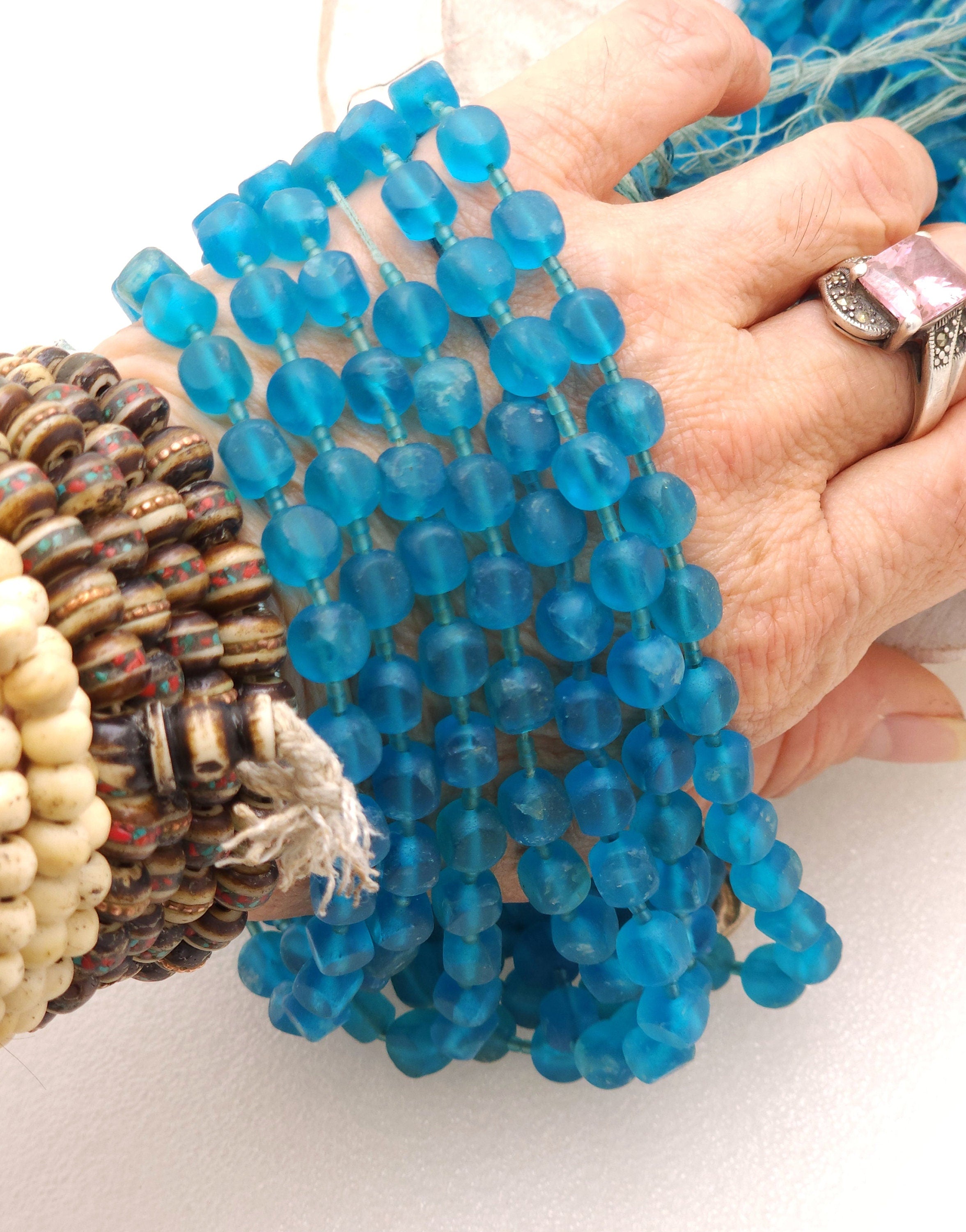 Blue Square Glass Beads From Afghanistan 6mm+ Strand 15-16", Sea Glass Beads, Opaque glass, Vintage, Jewelry Making Supplies.