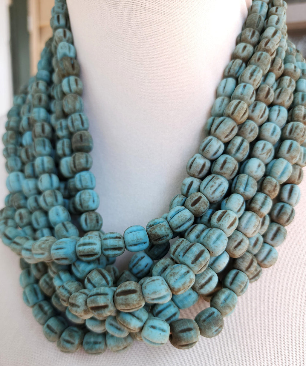 Blue Green Turquoise Melon Shaped Beads With Accent Rustic Old Look 12 Beads 10-11mm / Jewelry Supplies  / Boho / Lampwork Beads