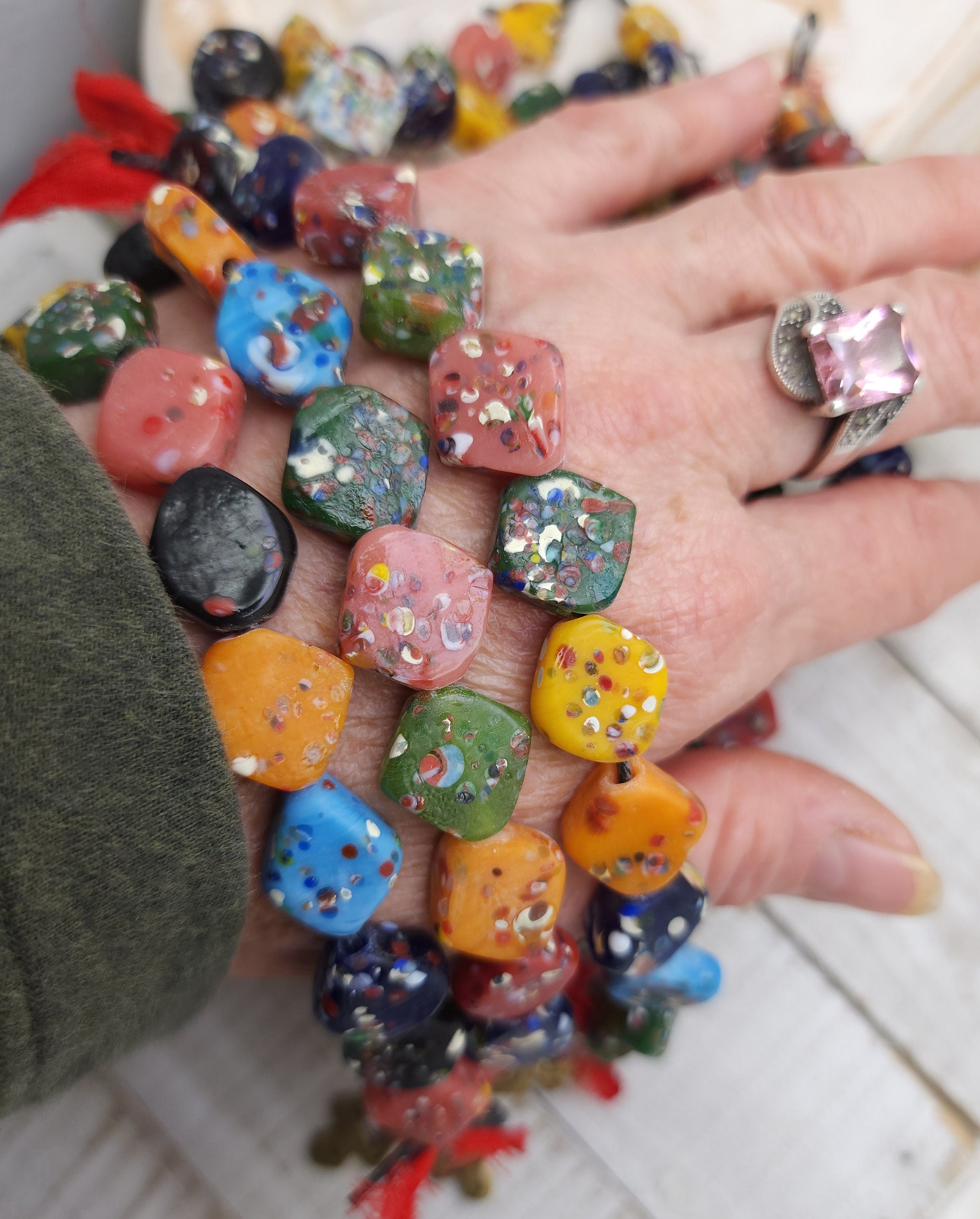 Square Mosaic Glass Beads / Strand With 12 Beads15-17mm / Thailand Beads / Indonesia / Lampwork Beads / Jewelery Making Supplies.