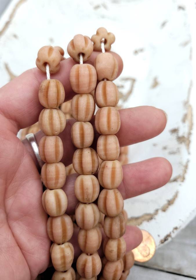 Strand of 12 Melon Glass Beads With Accent Rustic Old Look 12-13mm, Jewelry Supplies, Ethnic Tribal Artisan Beads, Indonesian, Thai Beads.