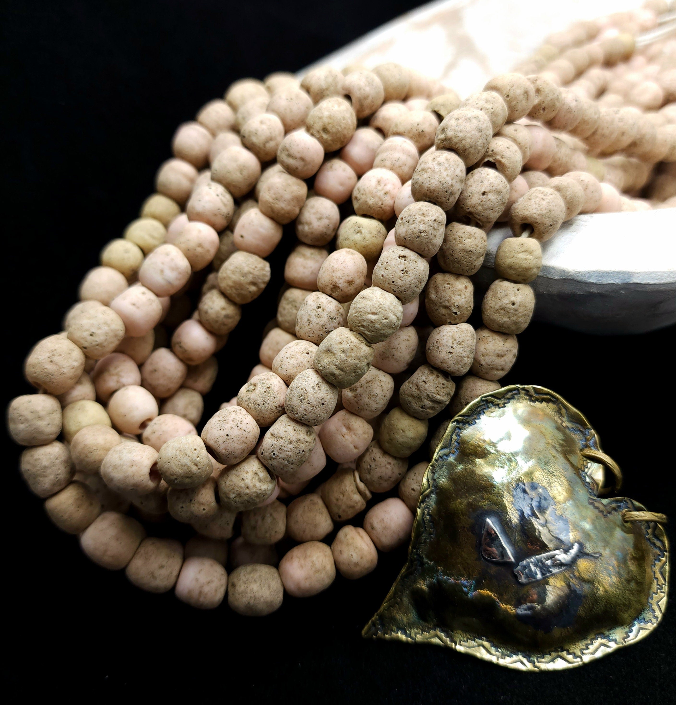 Handmade Indonesian Glass Beads / Java Rustic Beads / Strand 10" 26-28 Beads 9-10mm Beige / Vintage / Pink Pale / Jewelry Making Supplies