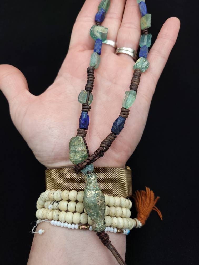 Beautiful Necklace With Lapis Lazuli High Quality Leather And Authentic Ancient Rome Glass / Very Old Roman Glass / For Men & Women / Long N