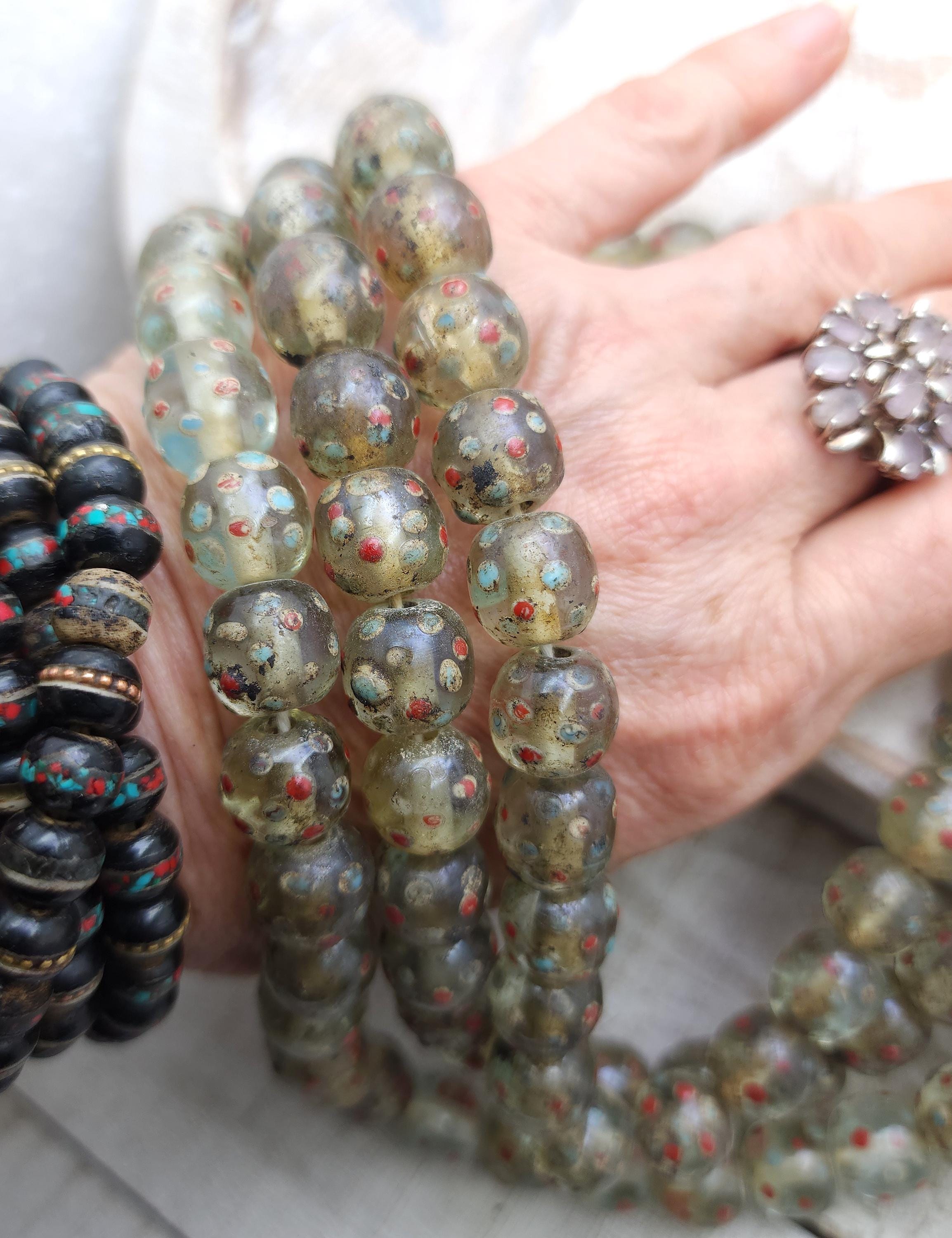Old Eye Translucent Glass Beads, Strand 10 Beads 11-13mm, Big Hole Beads, Vintage, Indonesian, Venetian, Jewelry Making Supplies, Craft.