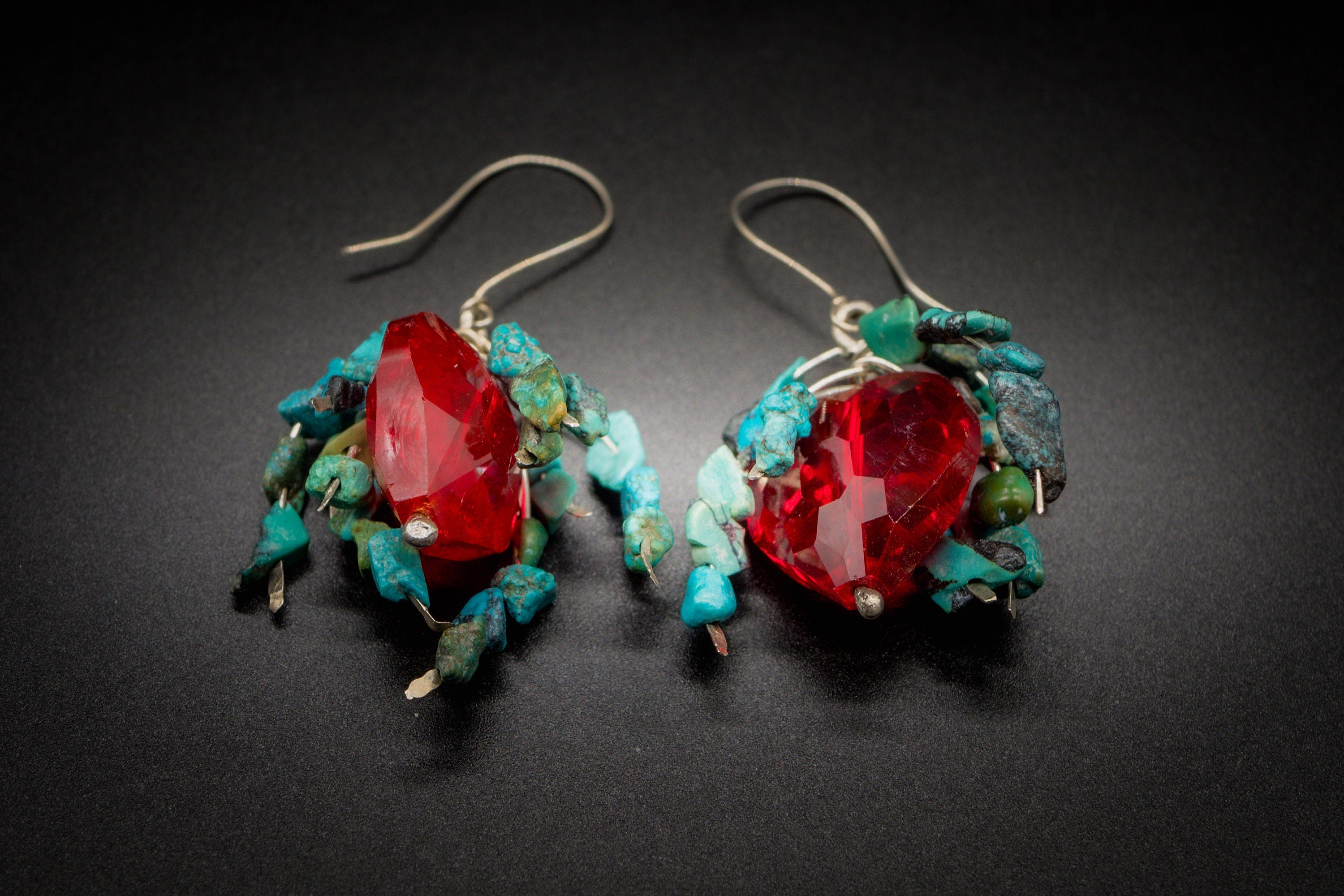 925 And 935 Silver, Turquoise, Red Crystal Heart Earrings