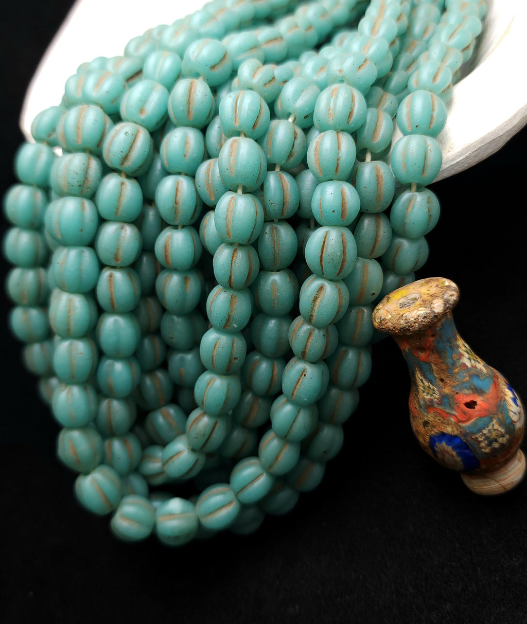 Old Glass Melon Shaped Beads Strand of 12 Beads 10-11mm, Indonesian Beads, Java, Vintage, Jewelry Making Supplies, Pumpkin Beads.