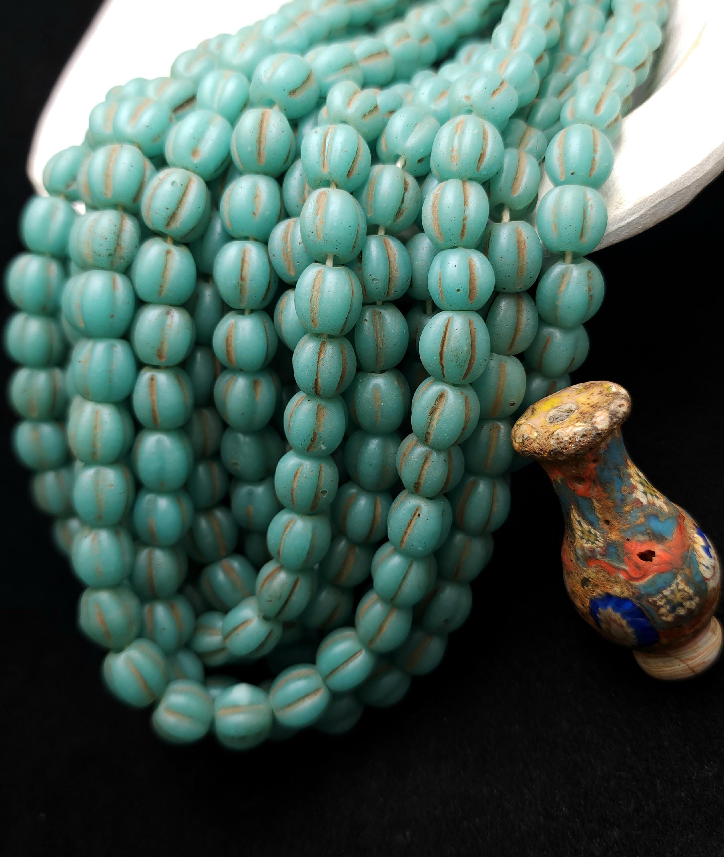 Old Glass Melon Shaped Beads Strand of 12 Beads 10-11mm, Indonesian Beads, Java, Vintage, Jewelry Making Supplies, Pumpkin Beads.