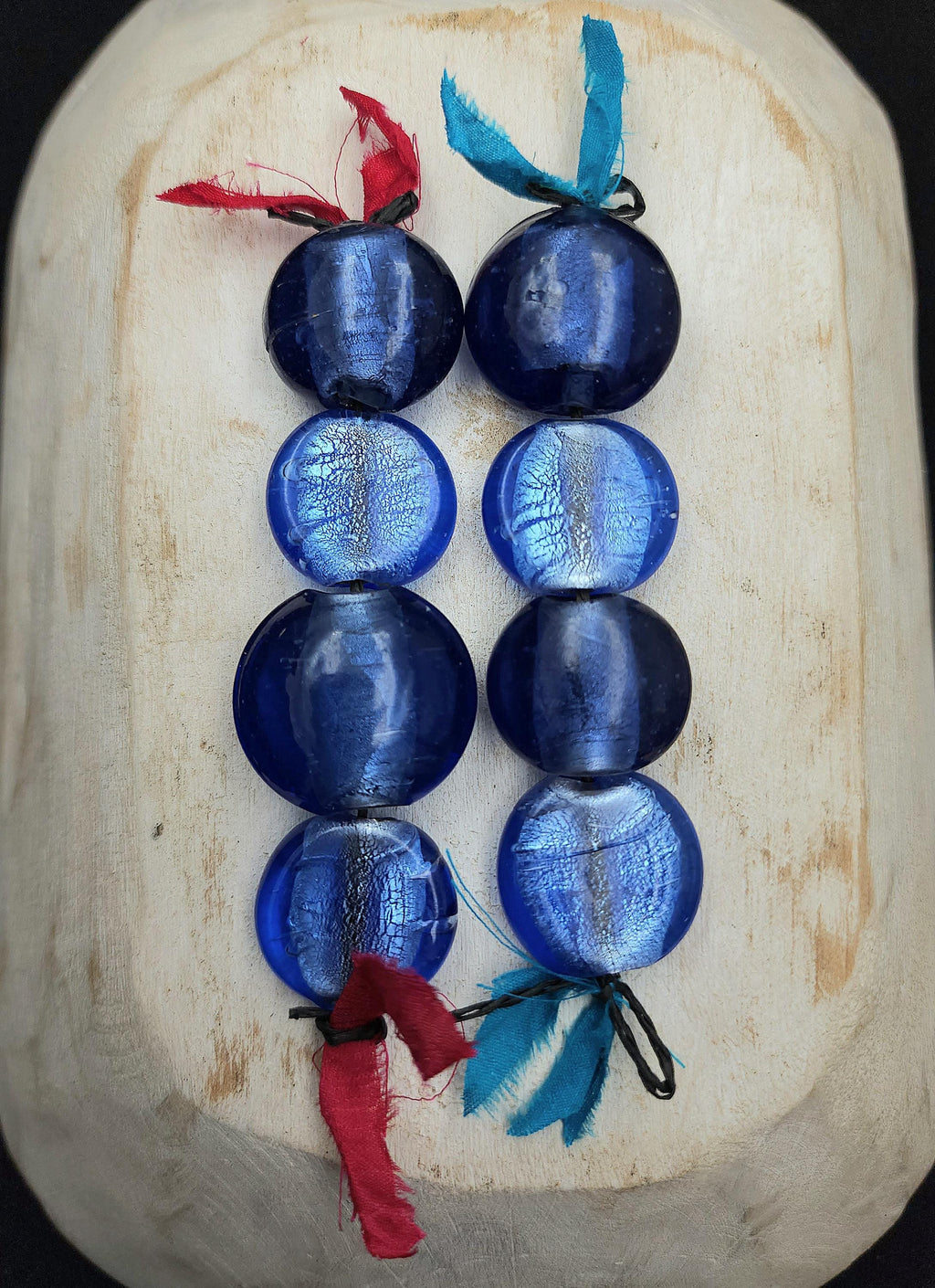 Murano Lampwork Silver Foil Beads 23-26mm Strand With 4 Blue Glass Beads, Puffy & Flat Coin Beads, Jewelry Making Supplies.
