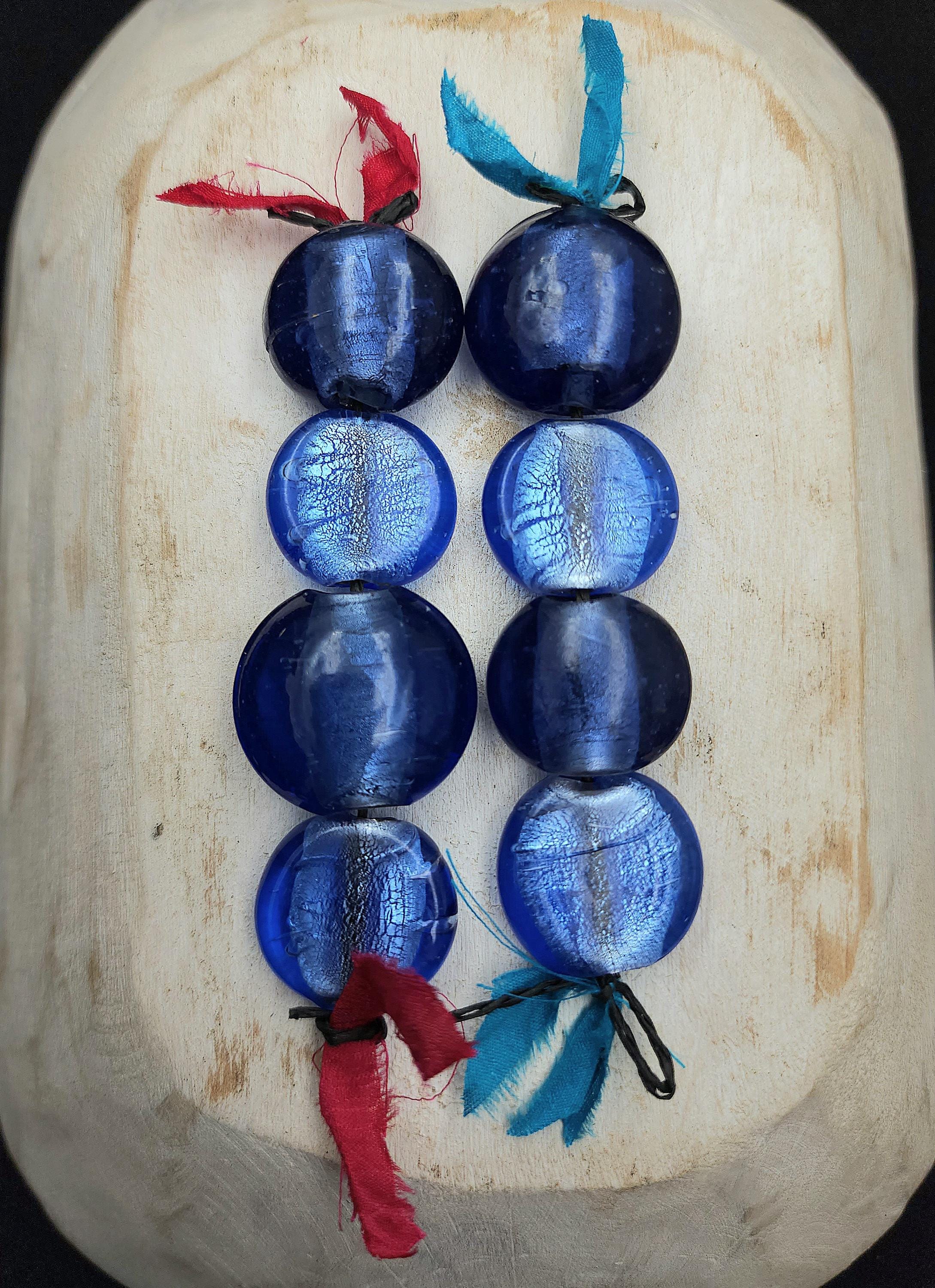 Murano Lampwork Silver Foil Beads 23-26mm Strand With 4 Blue Glass Beads, Puffy & Flat Coin Beads, Jewelry Making Supplies.