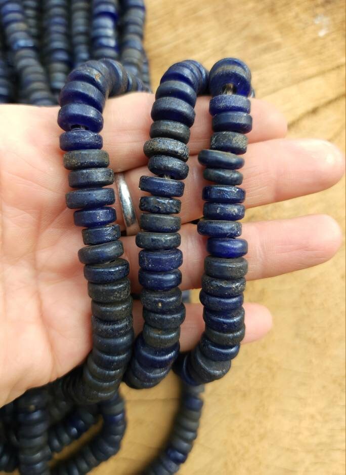 Blue Combat Glass Beads With Old Rustic Accent / Medium Raw Texture / 10-11mm Or 11-12mm 10"Long Strand /Indonesia / Java / Tribal / Ethnic
