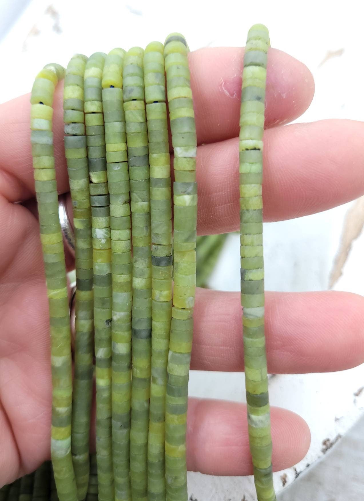 Serpentine Lemon Green Natural Jade Heishi Beads / Cylinder Heishi Beads From Afghanistan / 4 x 2-3mm Strand 15" / Jewelry Making Supplies.