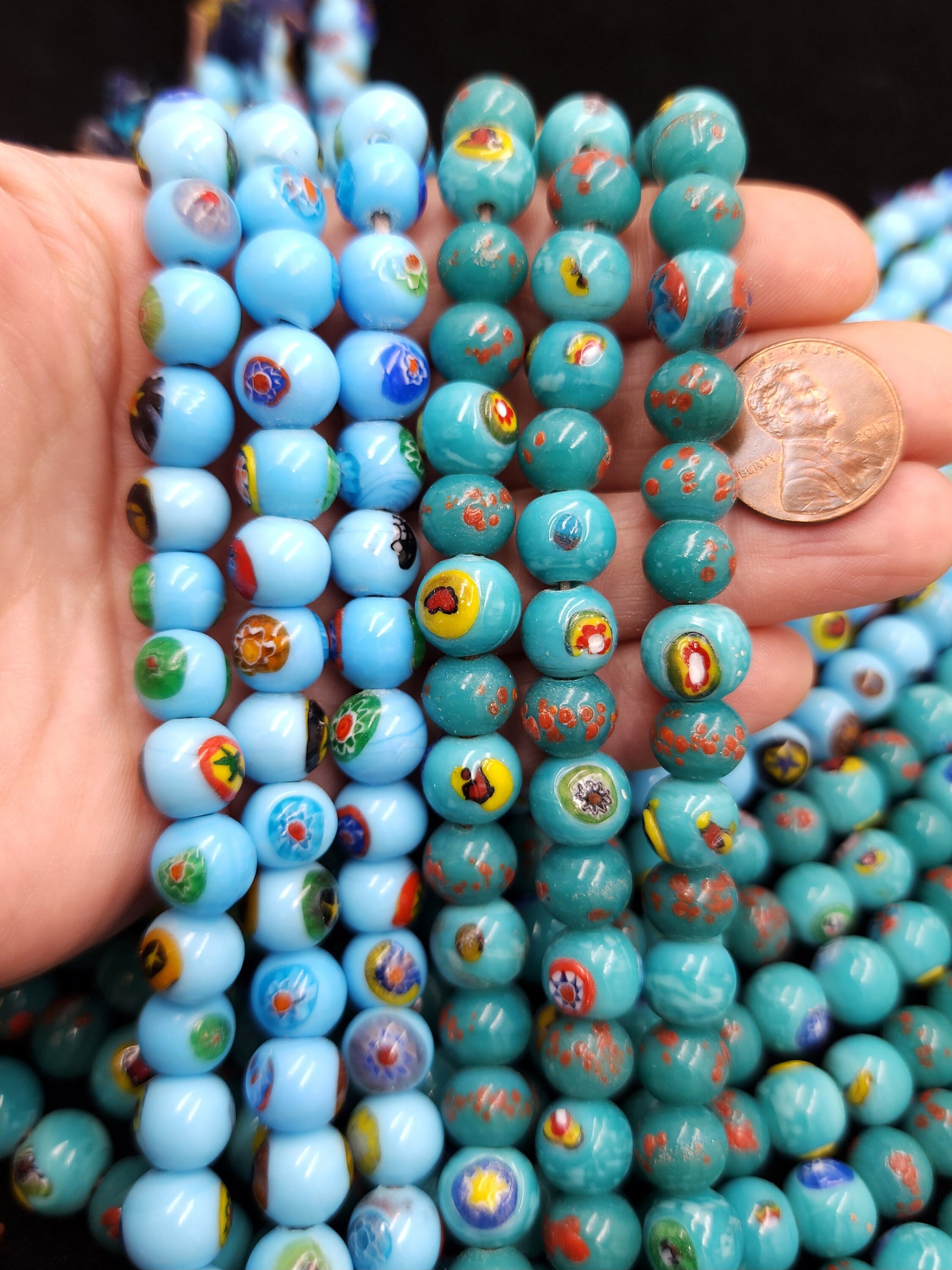 Millefiore Glass Beads Strand 8" 9-10mm, Glass Beads For Jewelry Making, Handmade Beads, Boho Tribal Ethnic
