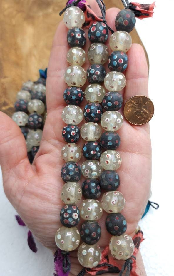 Old Eye Glass Beads Strand Of 12 Beads 12-14mm Big Hole / Vintage Beads / Indonesian / Venetian / Jewelry Making Supplies, Craft.