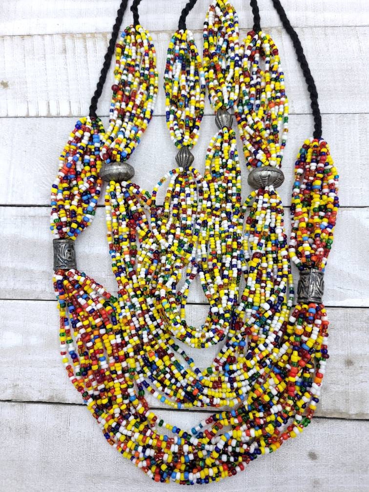 Necklaces Made In Afghanistan  Glass Seed Beads Strand 15-16"/ Glass Beads /Solid Brass Beads / Solid Copper Beads /  Jewelry Supplies.