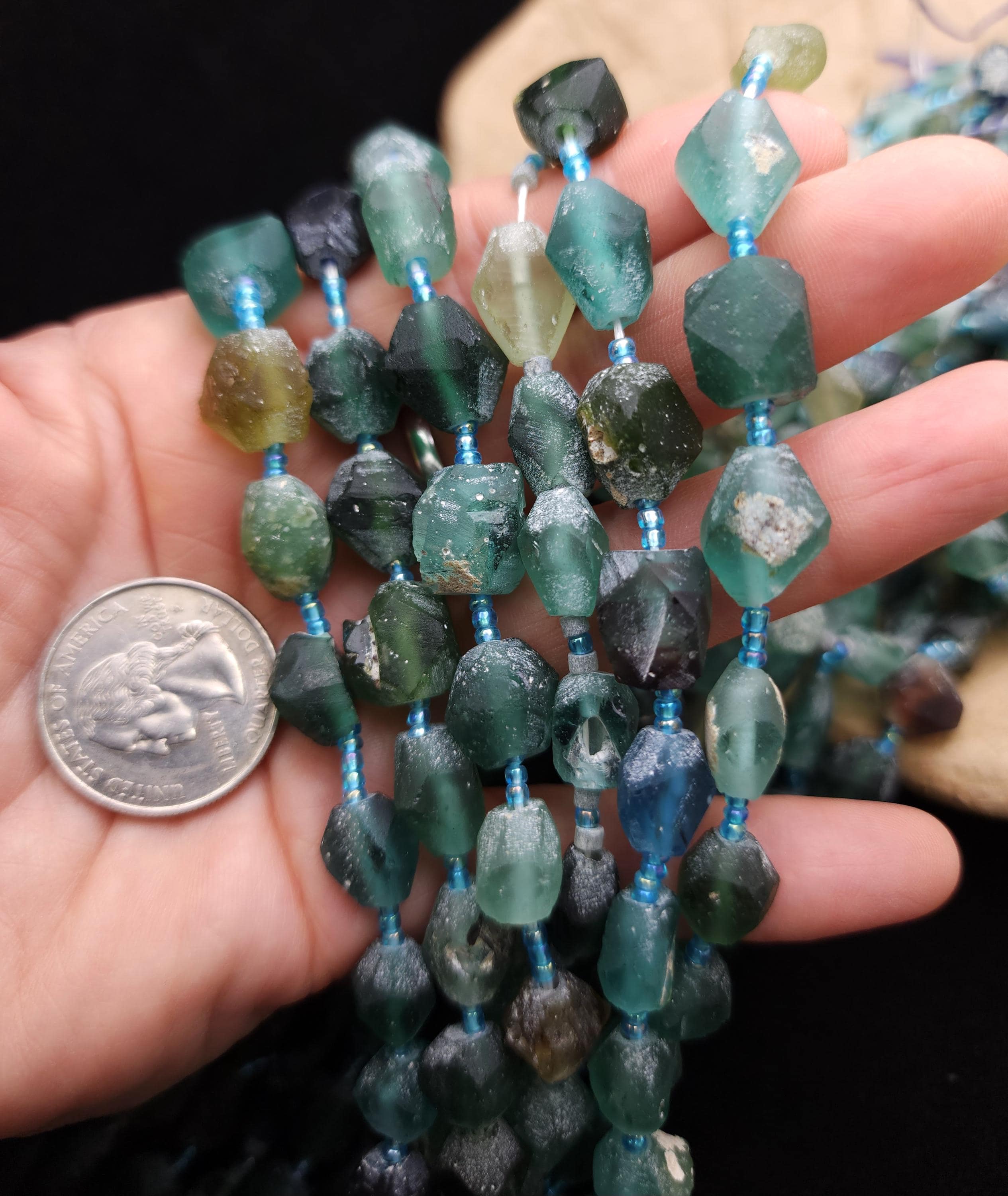 Ancient Roman Faceted Beads, 15" Full Strand, 8-16mm, Recycled Glass Beads for Jewelry Making.