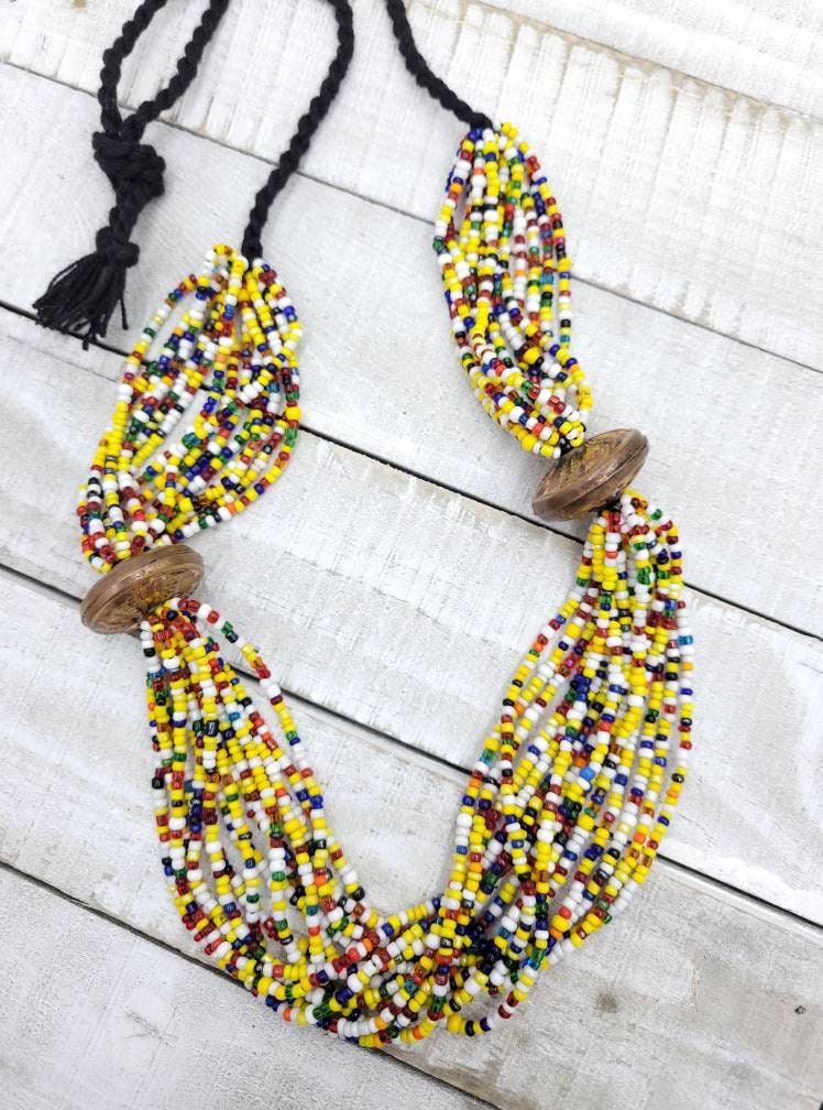 Necklaces Made In Afghanistan  Glass Seed Beads Strand 15-16"/ Glass Beads /Solid Brass Beads / Solid Copper Beads /  Jewelry Supplies.