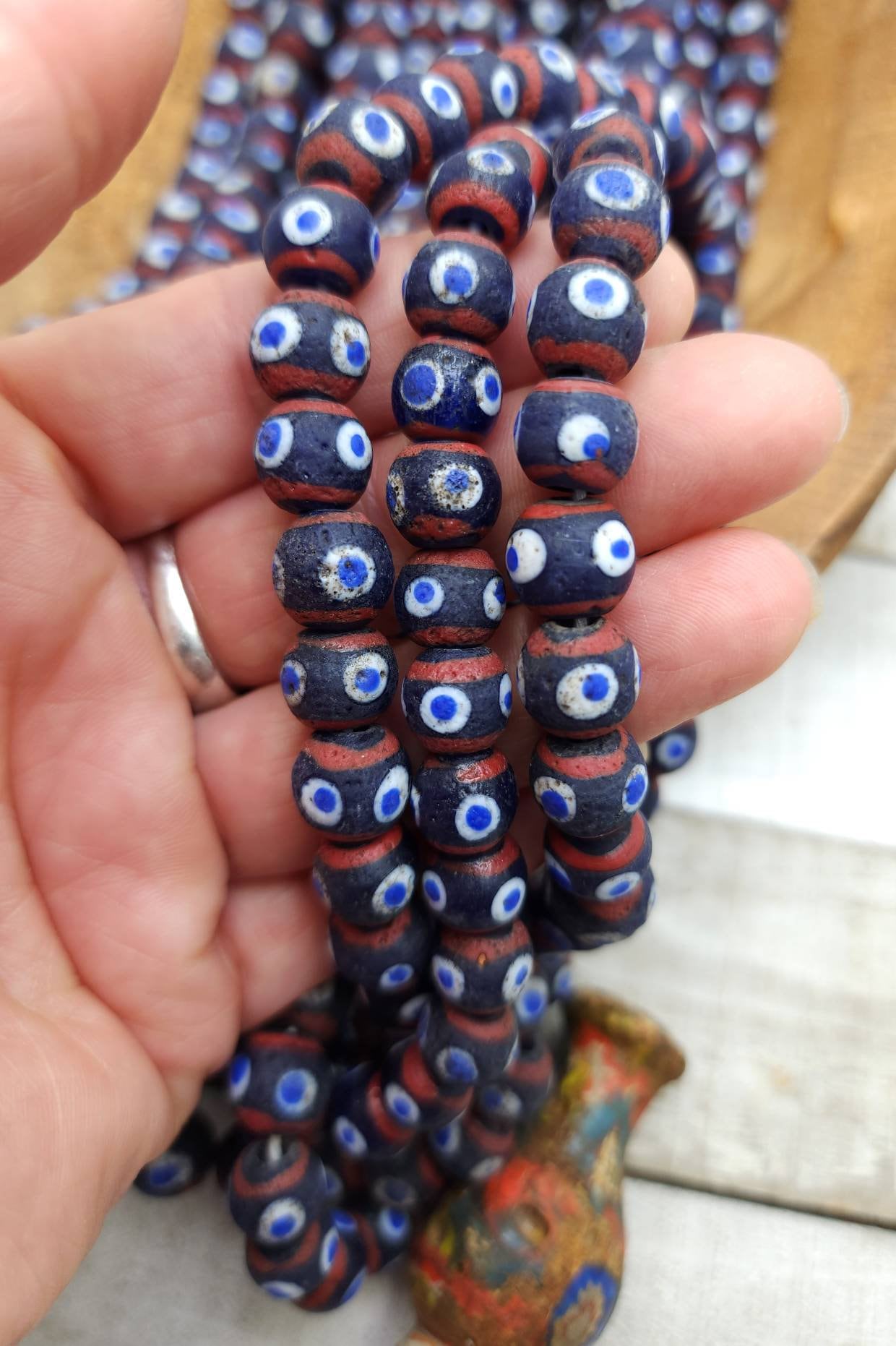 Evil Eye Opaque Glass Beads From Indonesia,  Option To Choose Full Strand 17" 44-48 Beads or Half Strand 9-10mm x 8-10mm, Jewelry Supplies