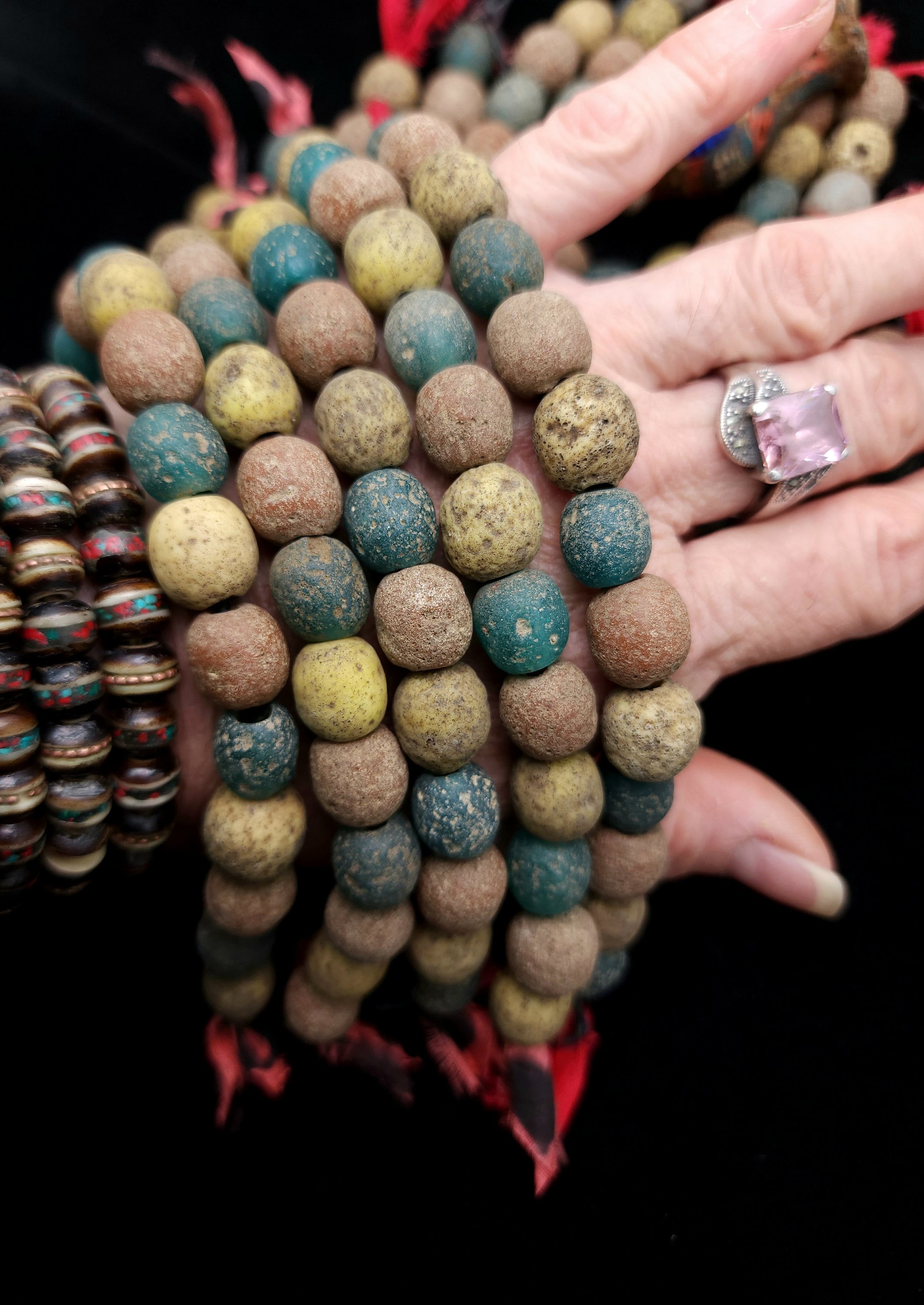 Indonesian Glass Beads Strand 14 Earthy Yellow, Red, Green Beads 10-12mm, Vintage, Rustic,  Tribal, Boho, Hippie,  Jewelry  Making Supplies