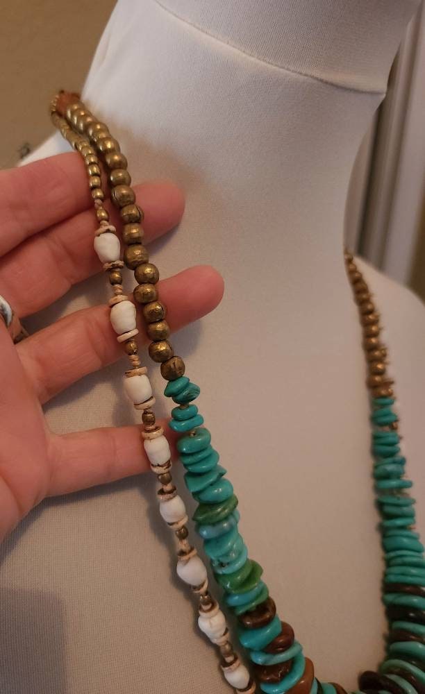 Beautiful Double Necklace With Synthetic Turquoises, African Brass Beads, Corded Genuine Leather / Necklace Length 14.5" With Option +.