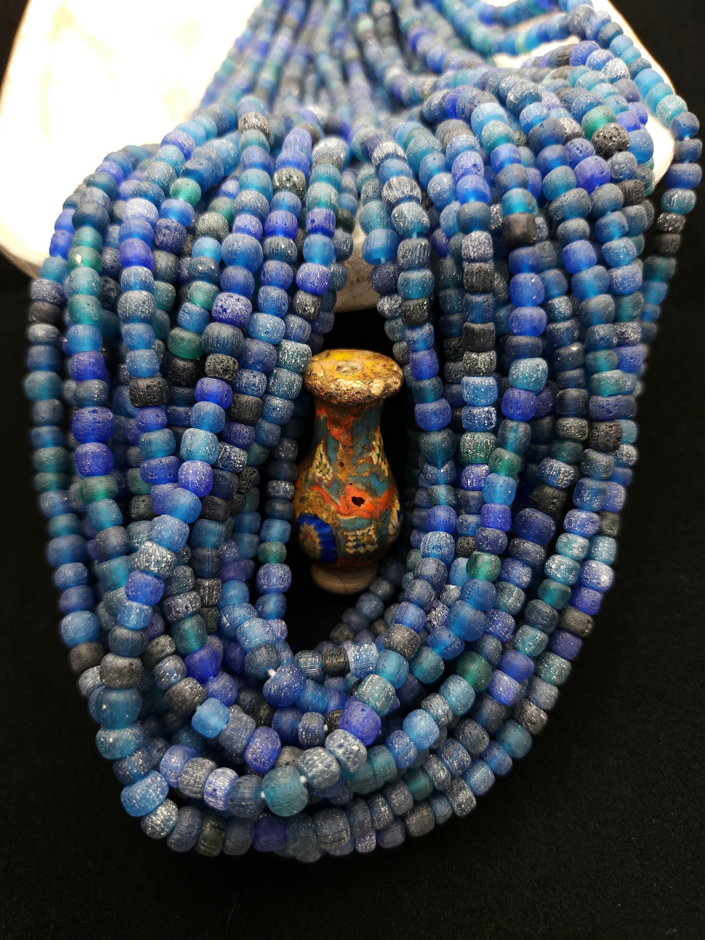 Ethnic Rustic Glass Beads from Indonesia 5-7×4-6mm Strand 23-24" [132-138 Beads], Blue, Black & Green Handmade Beads, Craft Jewelry DIY.