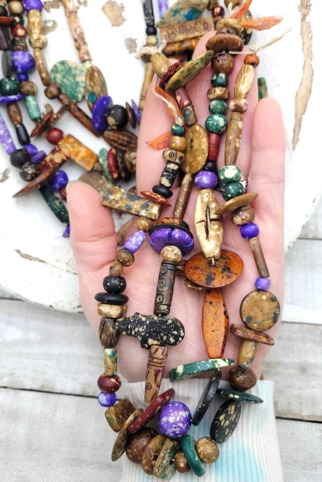 Rustic Splattered Bone Beads / Strand 14" Variety Of Bone Beads / Tribal / Ethnic / Boho / Fun Beads / Jewelry Making Supplies.