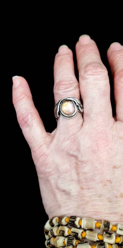 925 Reticulated Silver, And Rose Cut Sapphire Ring