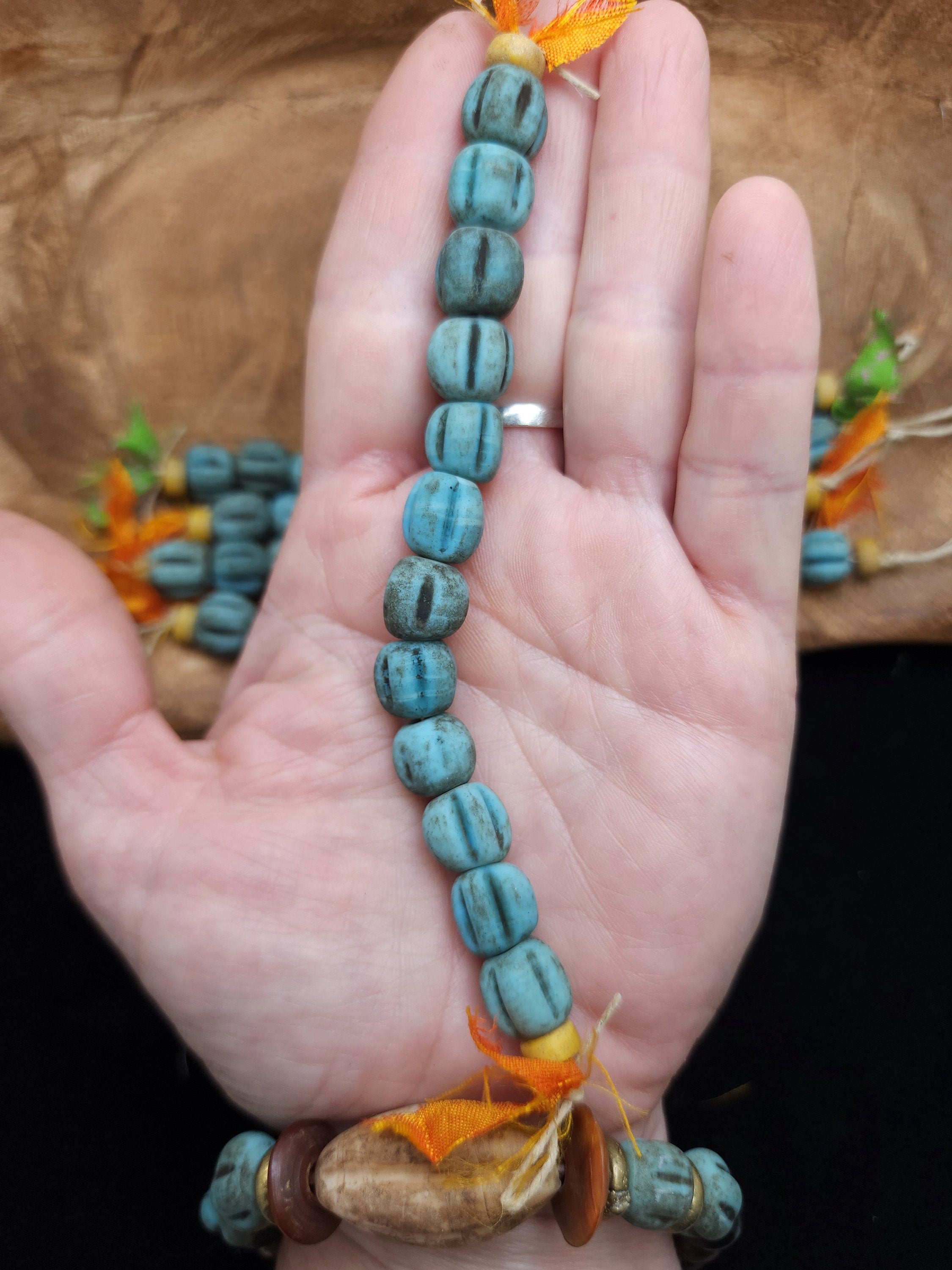 Blue Green Turquoise Melon Shaped Beads With Accent Rustic Old Look 12 Beads 10-11mm / Jewelry Supplies  / Boho / Lampwork Beads