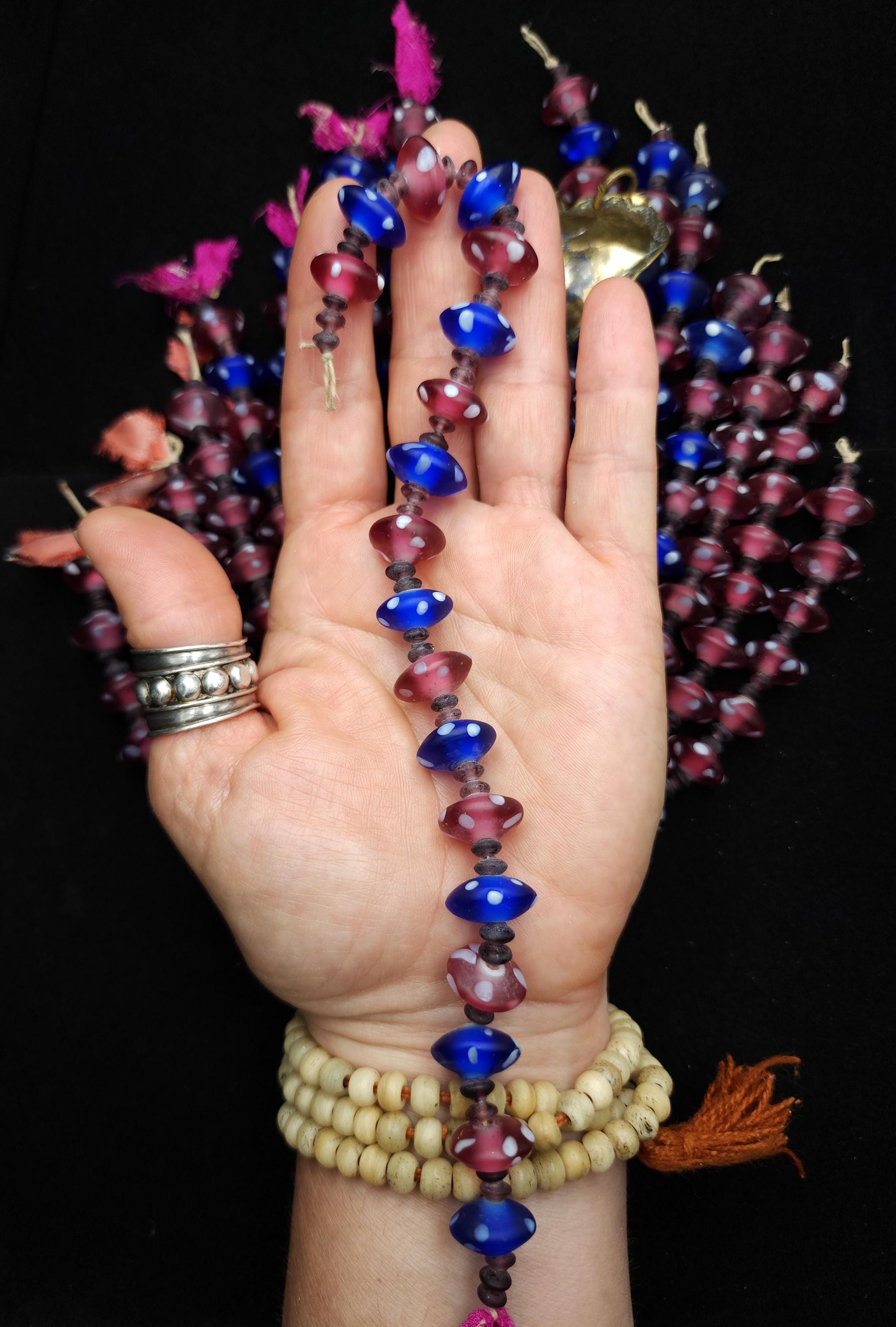 Lampwork Glass Bead Strand 10" 14-16mm, Rose & Cobalt Blue with White Dots, Handmade Vintage Mushroom Style, Jewelry Making Supplies.