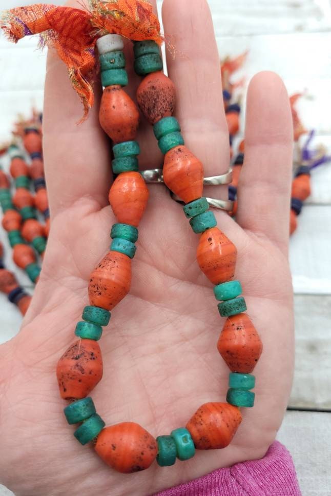 Red Glass Bicone Beads From Thailand With Antique Rustic Accent /10"Long Strand 15-17mm X 11-13mm Ring Beads 6mm / Indonesia Beads /Java /