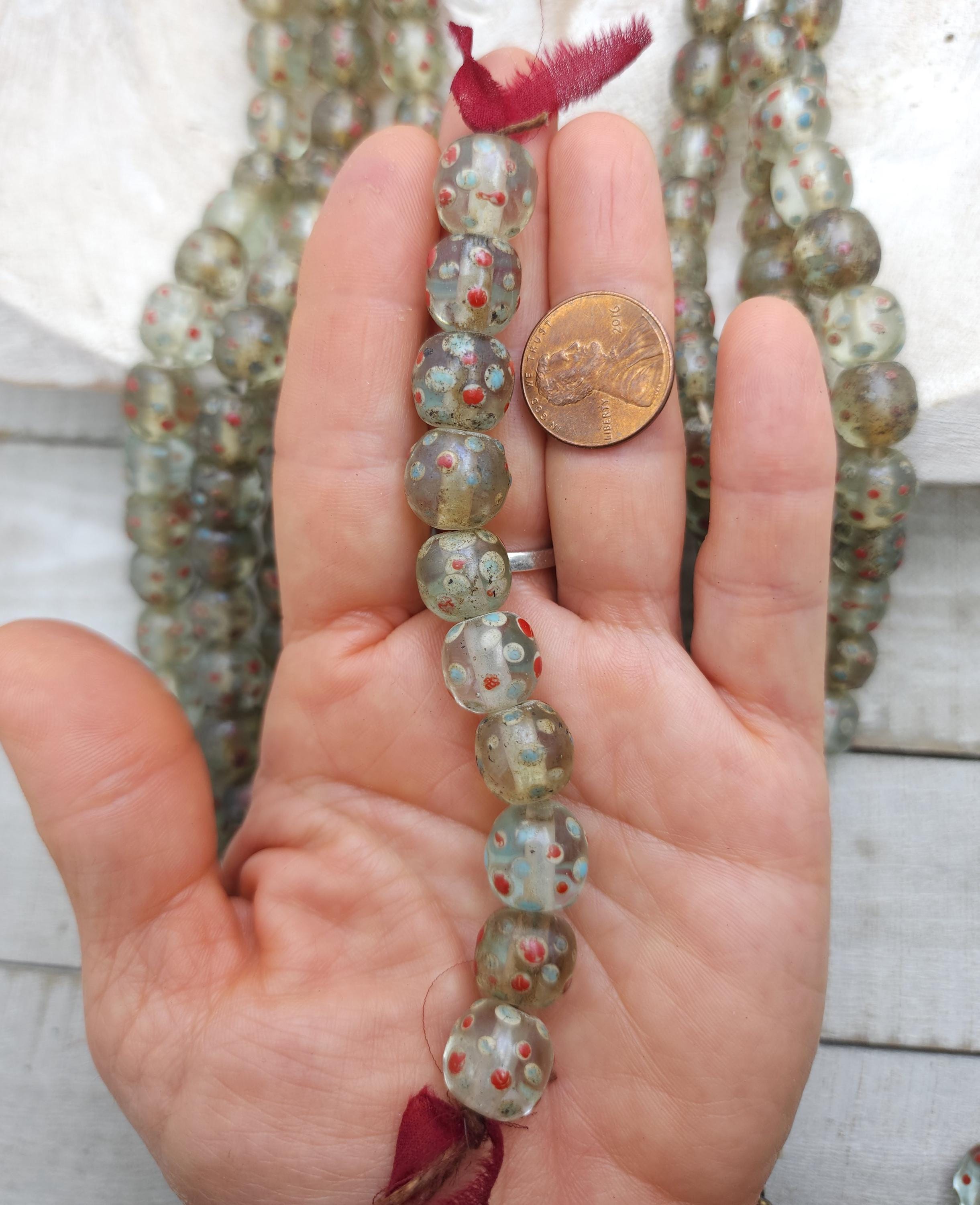 Old Eye Translucent Glass Beads, Strand 10 Beads 11-13mm, Big Hole Beads, Vintage, Indonesian, Venetian, Jewelry Making Supplies, Craft.