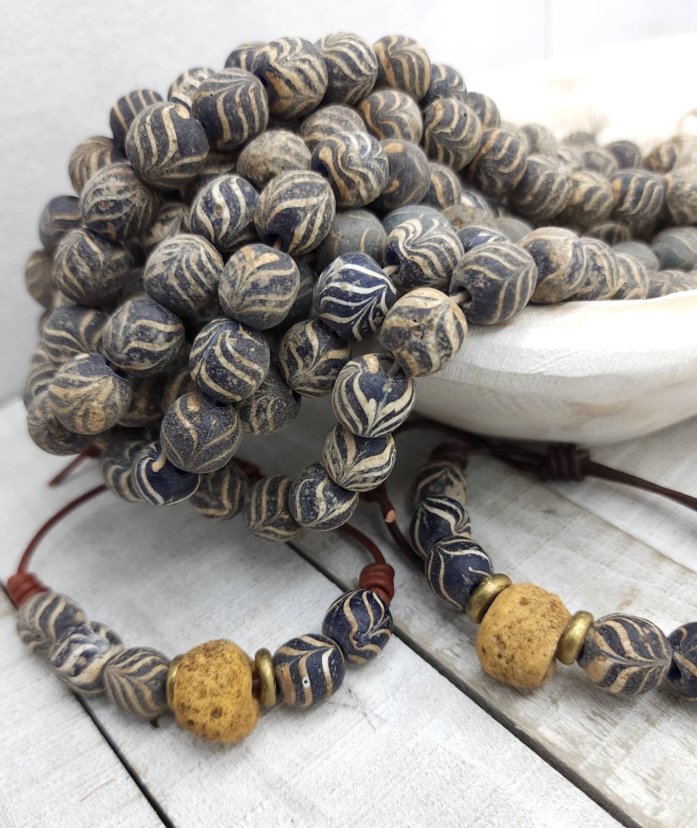 Feather Glass Beads, Authentic 90's Vintage,  Ethnic, Strand 12 Beads Choose Dusty Rose or O Variable Blues  12mm, Jewelry Making Supplies